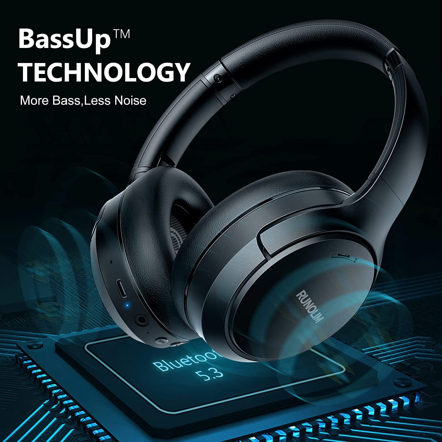 RUNOLIM Active Noise Cancelling Wireless Headphones with 70H Playtime & Hi-Fi Sound – Foldable Bluetooth Over-Ear Headset Black