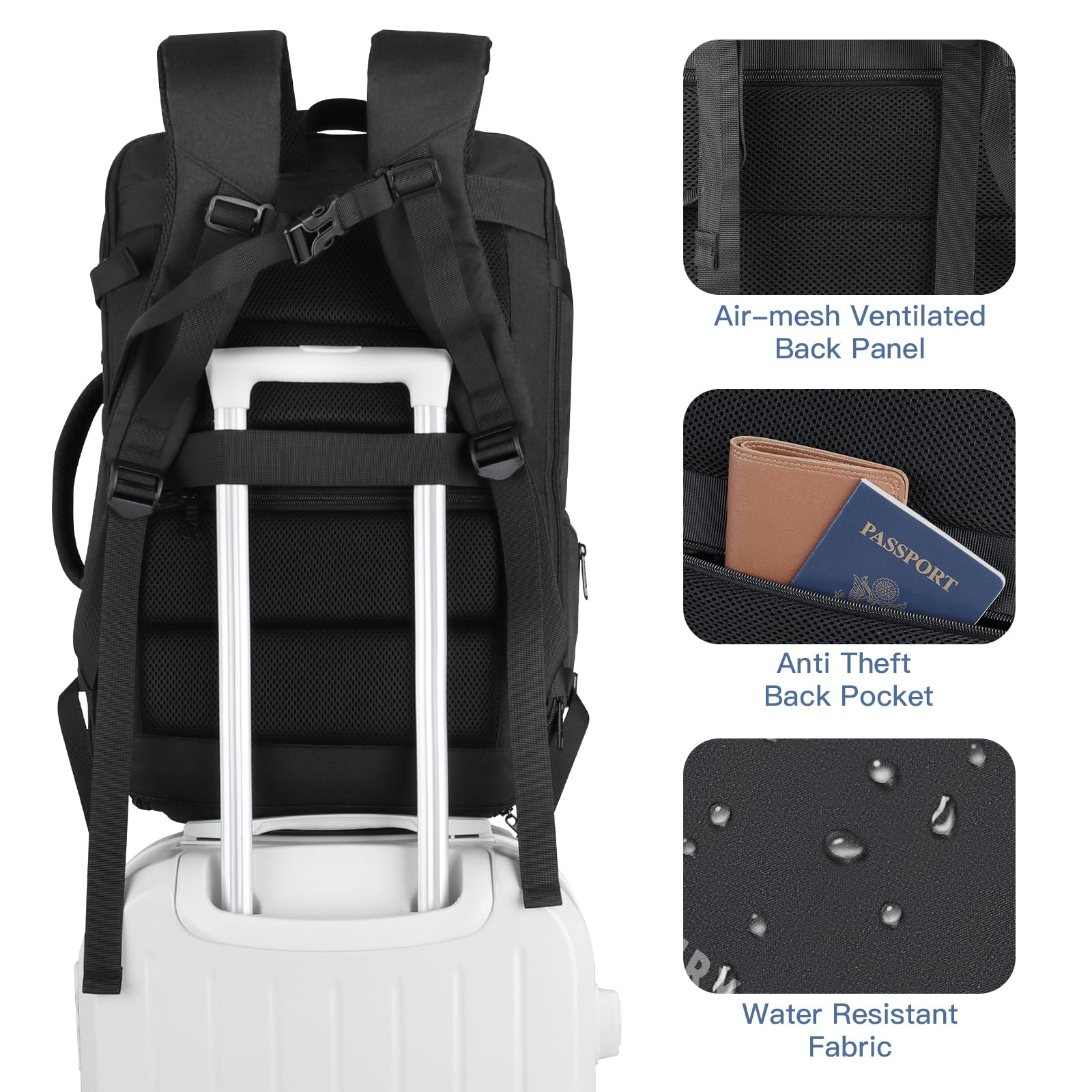 GIEURY 50L Expandable Carry On Travel Backpack with TSA 180° Opening and Shoe Compartment – Black