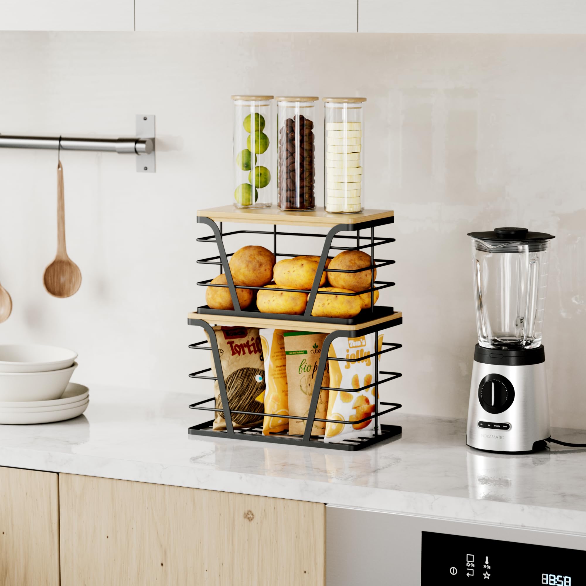 Trash Bag Organizer Dispenser Set (2-Pack) – Stackable Wall-Mount Storage with Bamboo Top for Kitchen, Pantry & Laundry