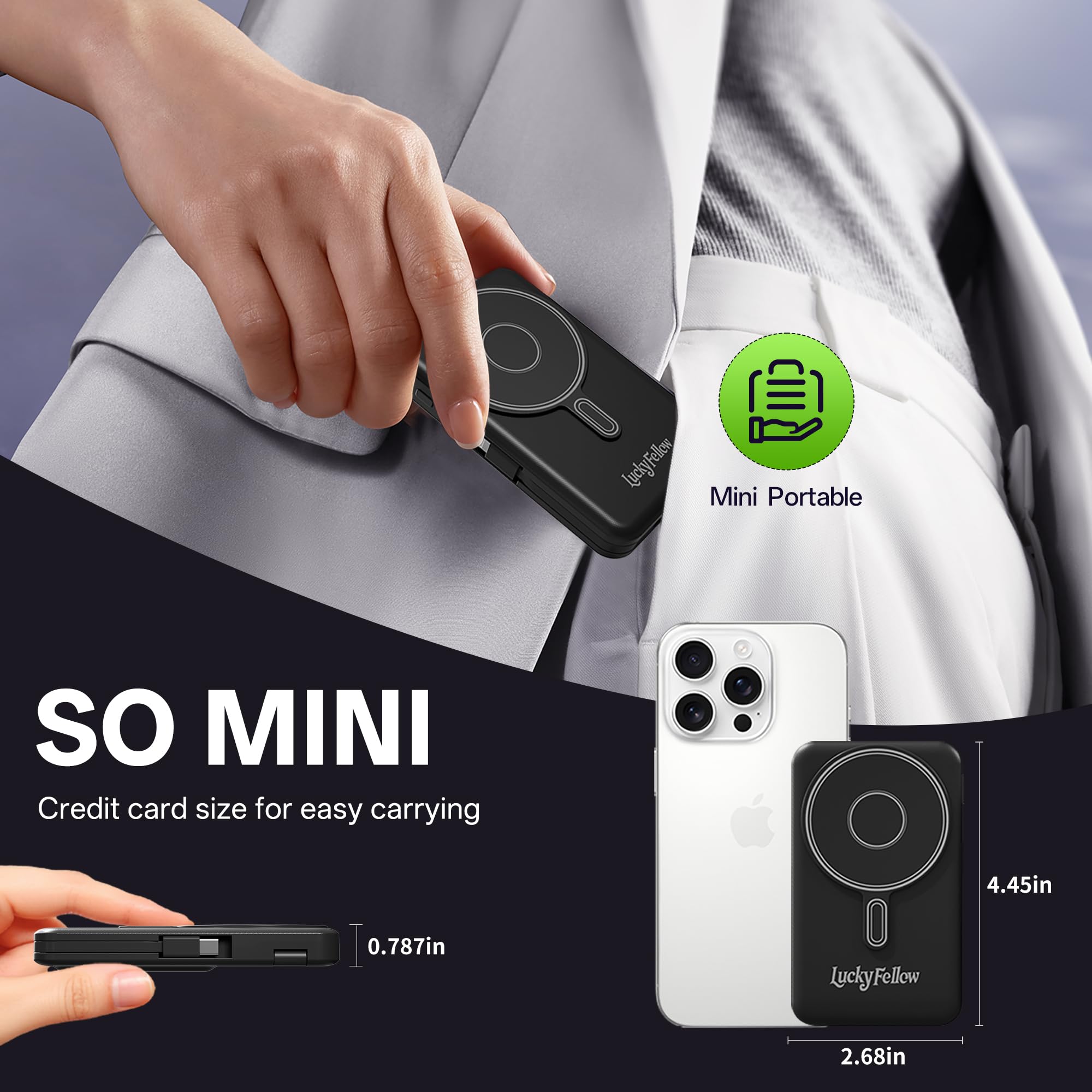 Magnetic Portable Power Bank 10,000mAh – Wireless Fast Charger with Built-In Cables & Kickstand (Black)