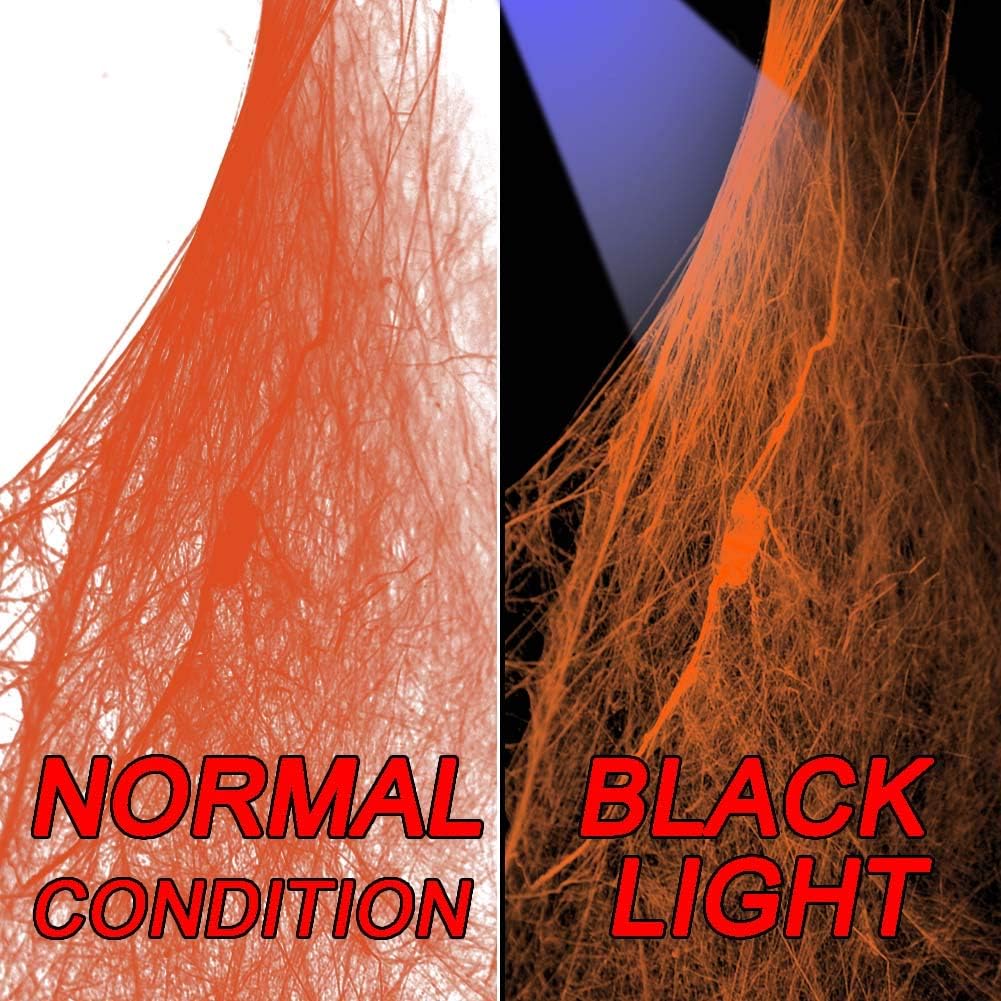 Halloween Orange Spider Web with Glow-in-the-Dark Effect – 250g Web + 37 Spiders + 2 Black Lights