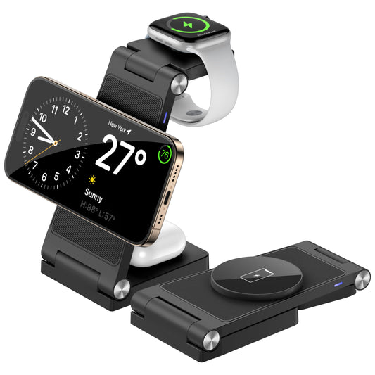 MagSafe 3-in-1 Foldable Wireless Charging Station with 20W Fast Adapter – Magnetic Travel Charging Dock Black