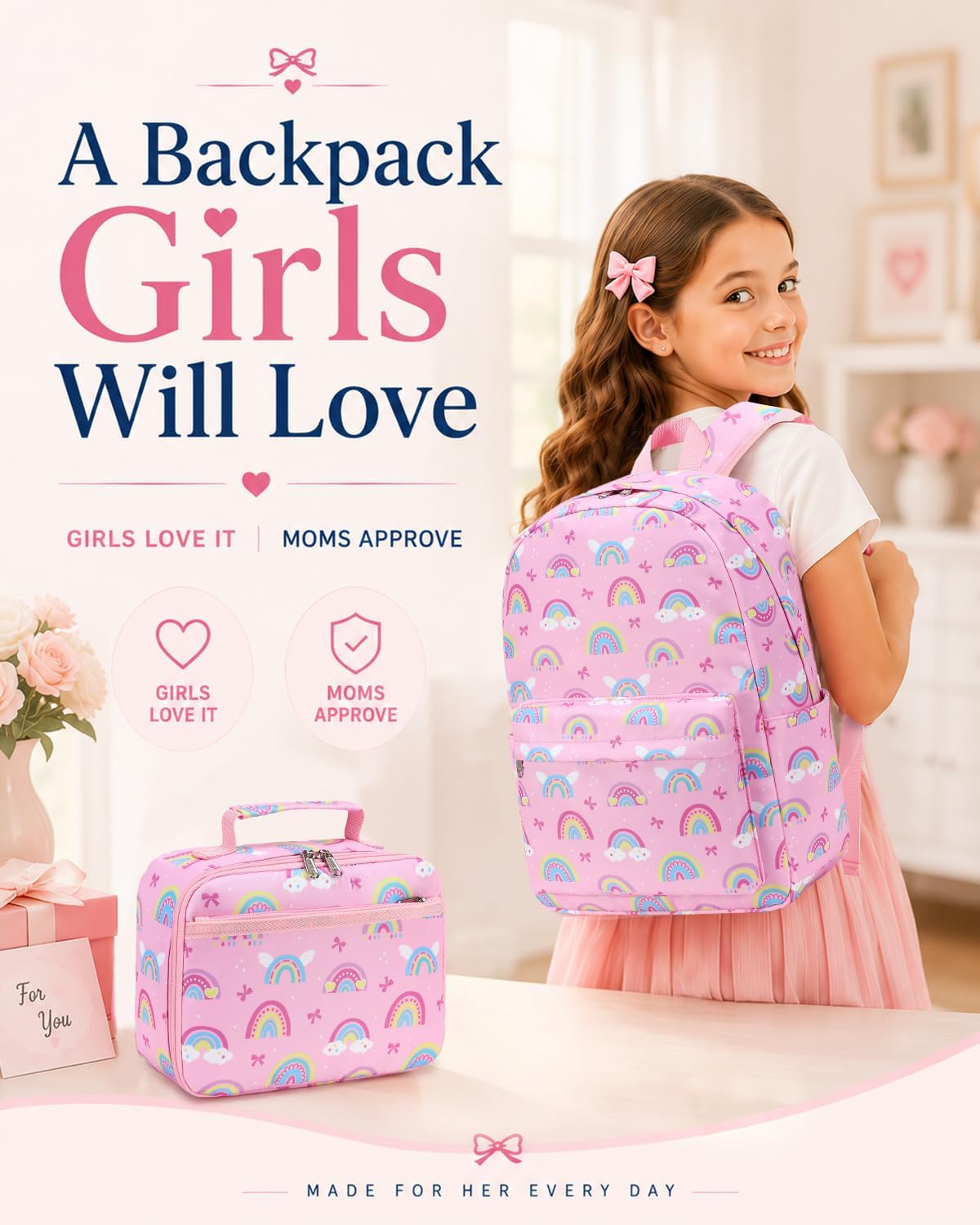 Pink Rainbow School Backpack Set with Matching Lunch Bag