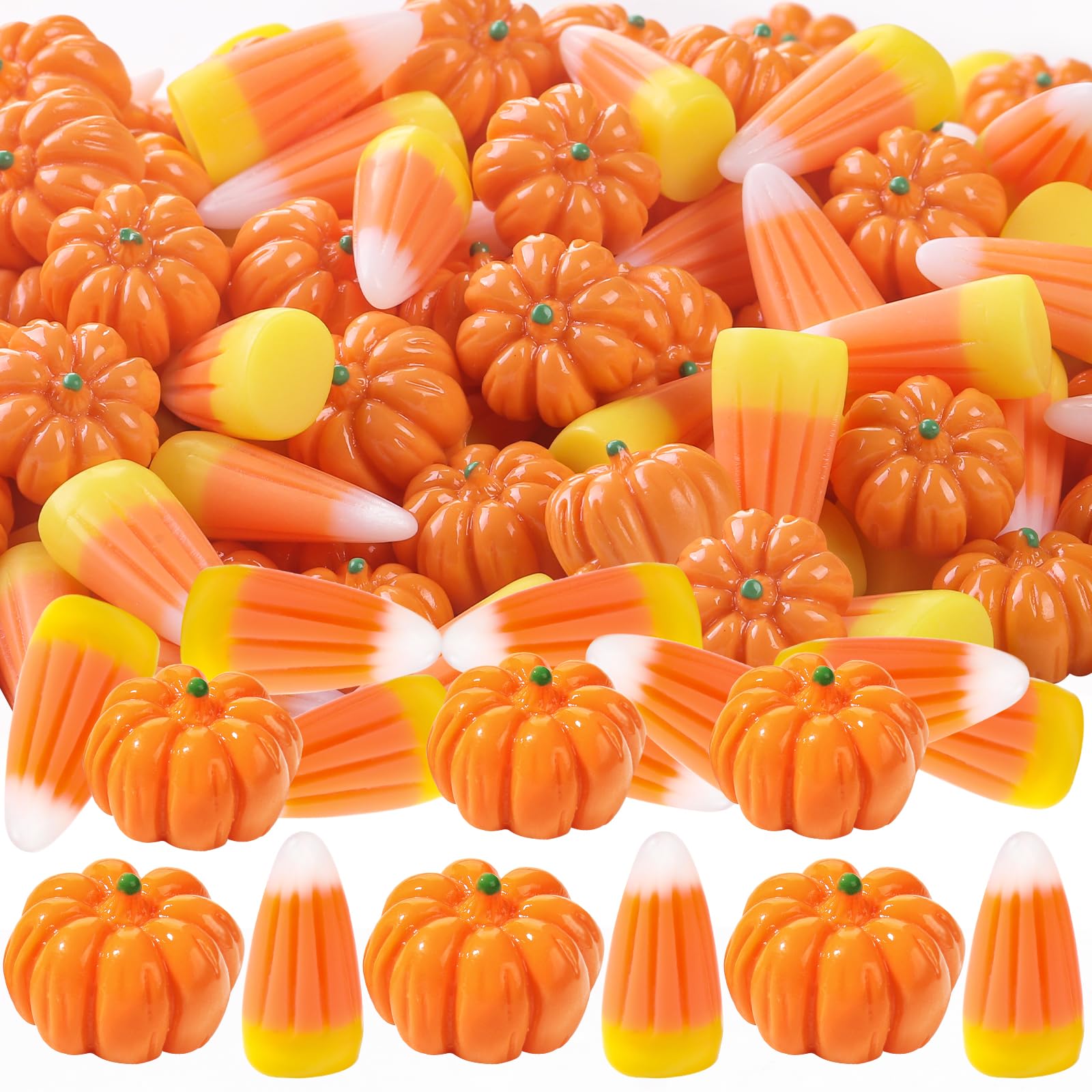 70 Pcs Mini Resin Pumpkins & Candy Corn Set – Halloween & Fall Decorations (Durable Autumn Home Décor, DIY Craft Props)