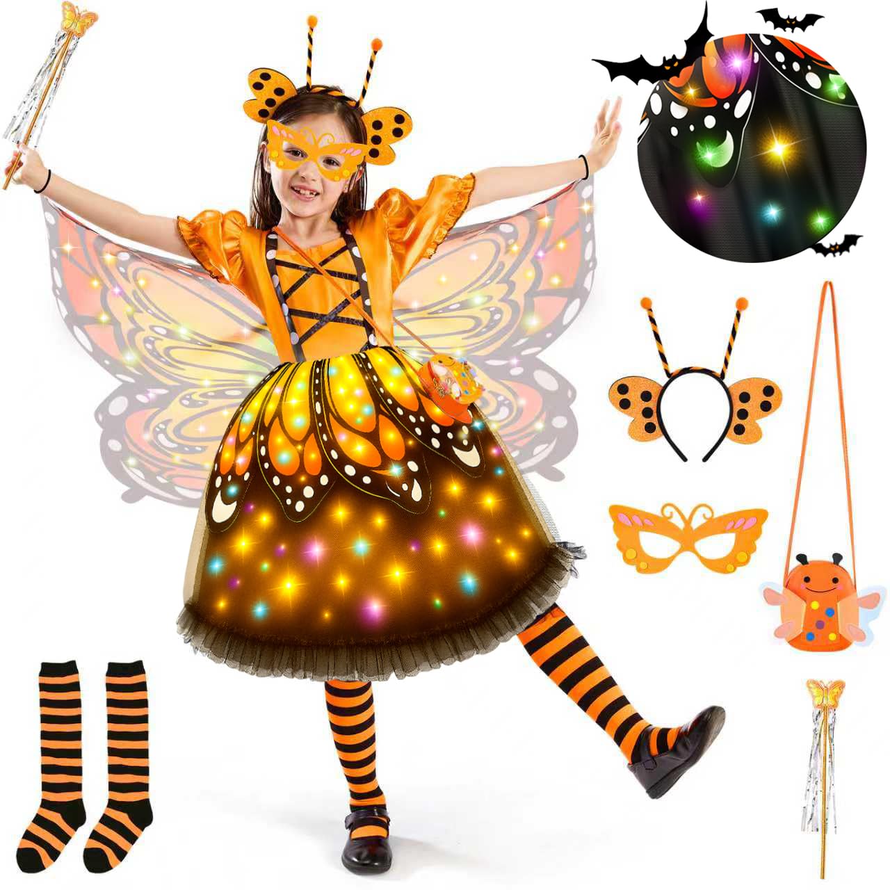 Kids Butterfly Fairy Costume with LED Wings – 6-Piece Set Includes Tutu Dress, Wand, Headband, Mask, and Candy Bag for Halloween & Parties (Ages 4–11)