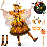 Kids Butterfly Fairy Costume with LED Wings – 6-Piece Set Includes Tutu Dress, Wand, Headband, Mask, and Candy Bag for Halloween & Parties (Ages 4–11)