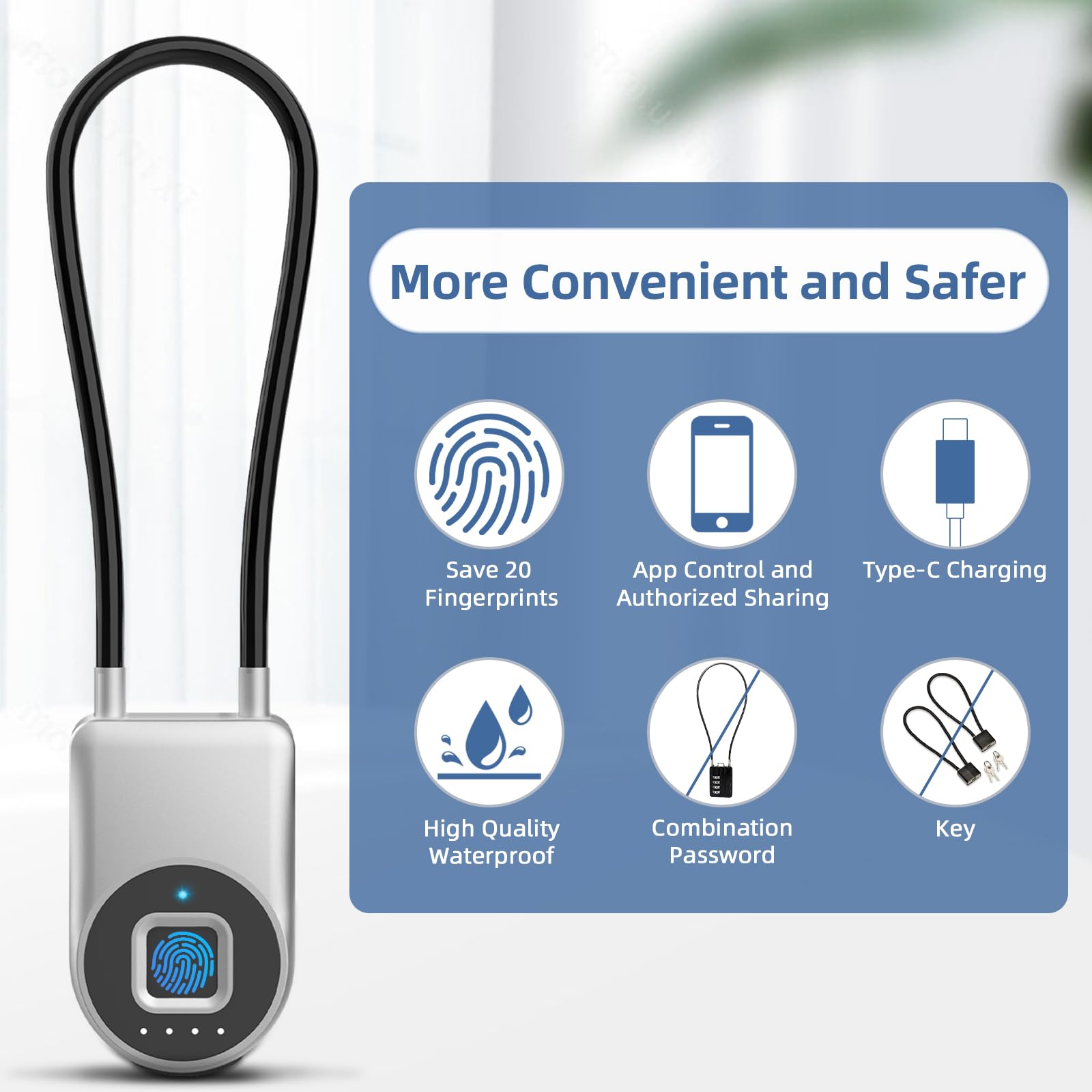 Bluetooth Fingerprint Cable Padlock with App Control, USB-C Rechargeable Smart Security Lock for Luggage, Locker & Travel Gear