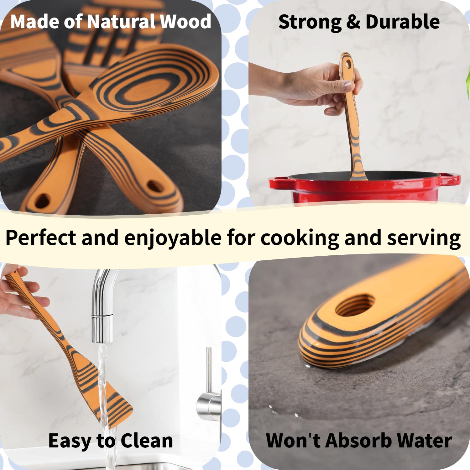 3-Piece Pinewood Fiber Wooden Spoon Set – Heat Resistant, Non-Stick Safe (Natural & Slate)