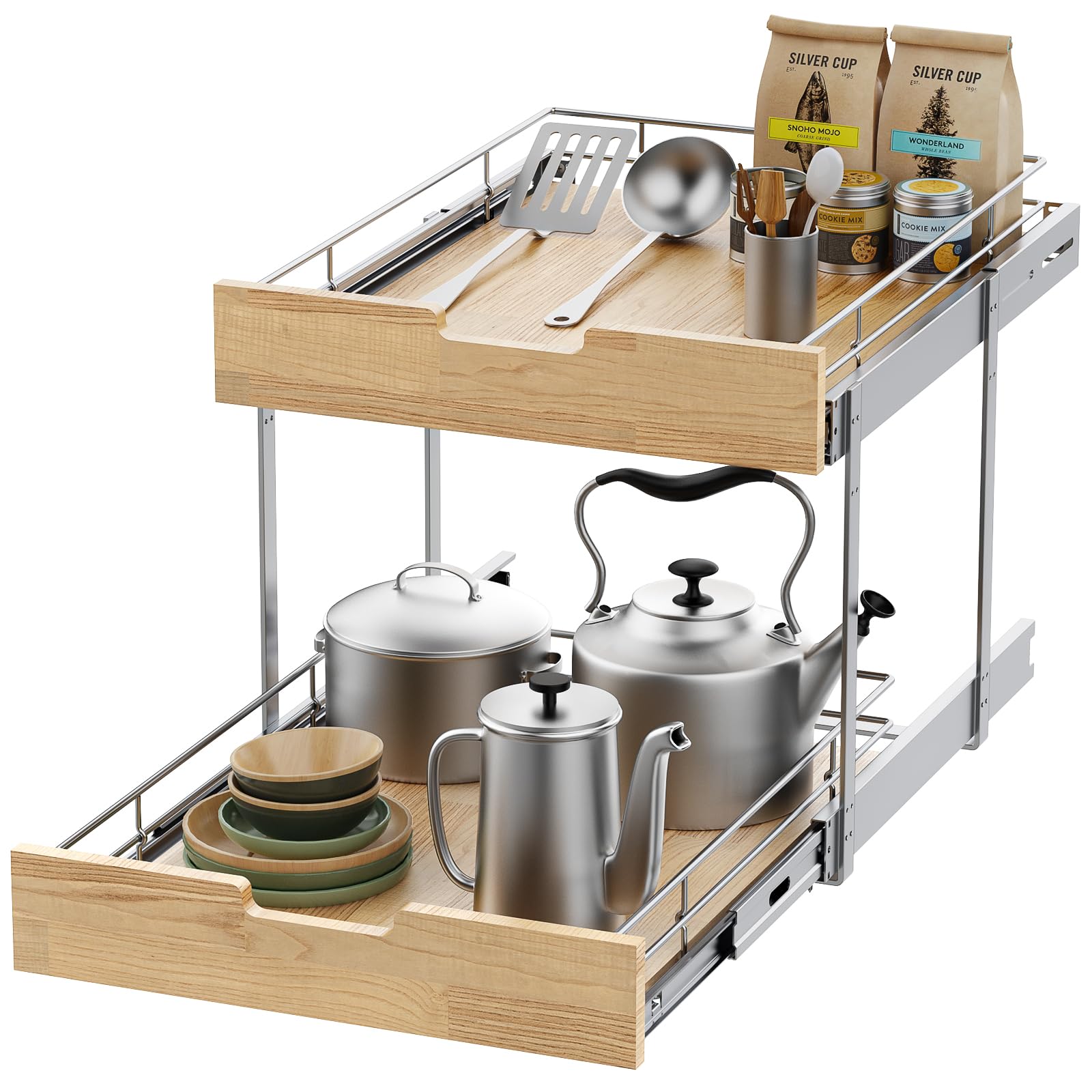 Wide Solid Wood & Wire Pull-Out Cabinet Organizer – Heavy-Duty 2-Tier Slide-Out Shelf