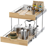 Wide Solid Wood & Wire Pull-Out Cabinet Organizer – Heavy-Duty 2-Tier Slide-Out Shelf