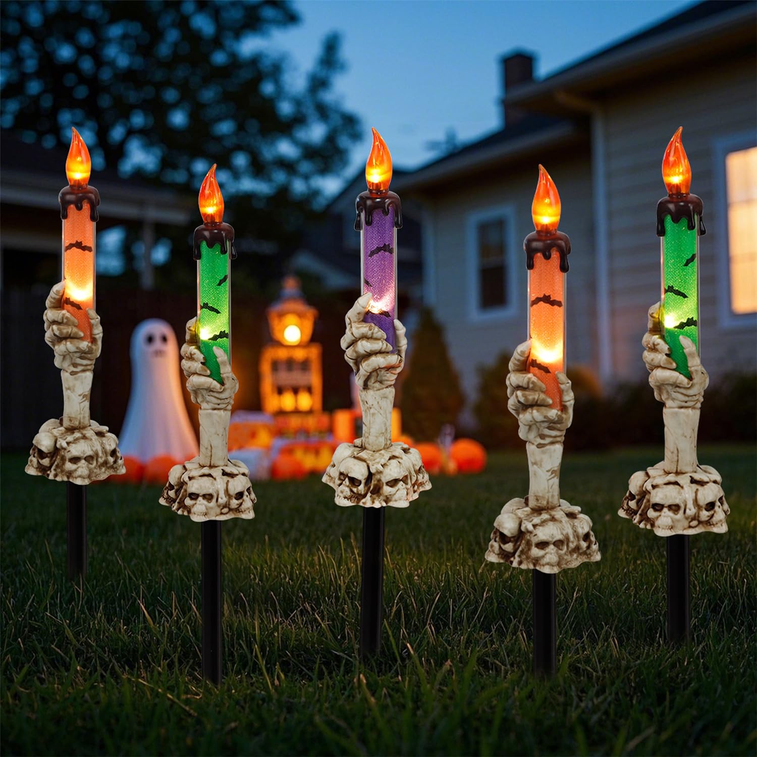 Halloween Skeleton Hand Candle Lights – Battery Operated Garden & Tabletop Decorations with Timer (Black, 2-Pack)