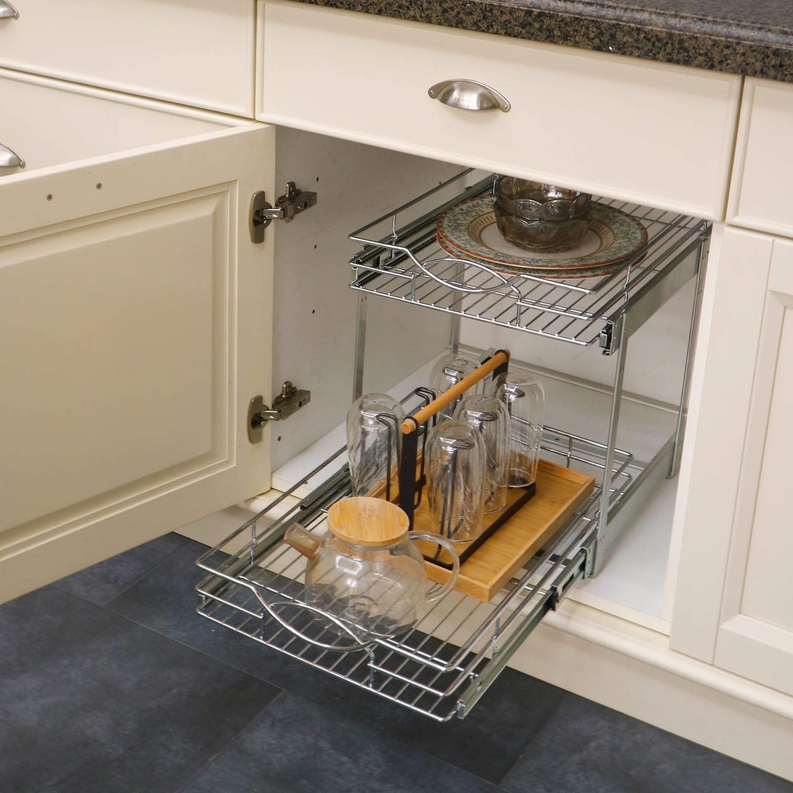Chrome 2-Tier Pull-Out Cabinet Organizer – Individual Slide-Out Drawers for Wide Base Cabinets