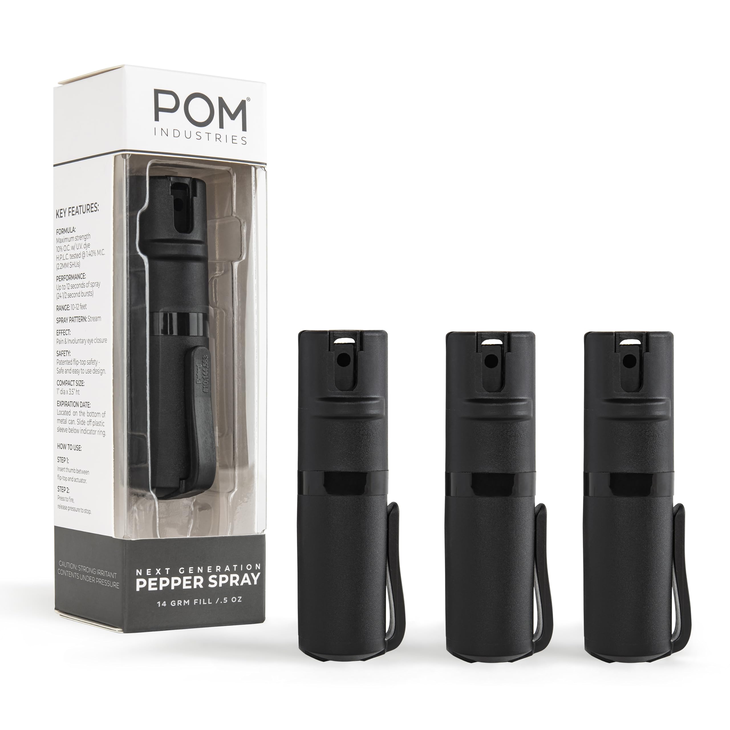 POM Pepper Spray with Pocket Clip – Tactical Flip-Top OC Defense Spray, Compact EDC Design (Black)