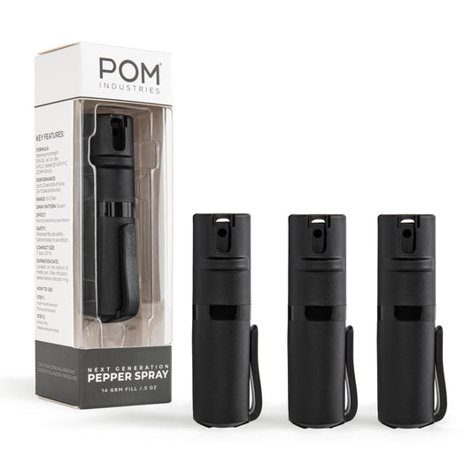 POM Pepper Spray with Pocket Clip – Tactical Flip-Top OC Defense Spray, Compact EDC Design (Black)