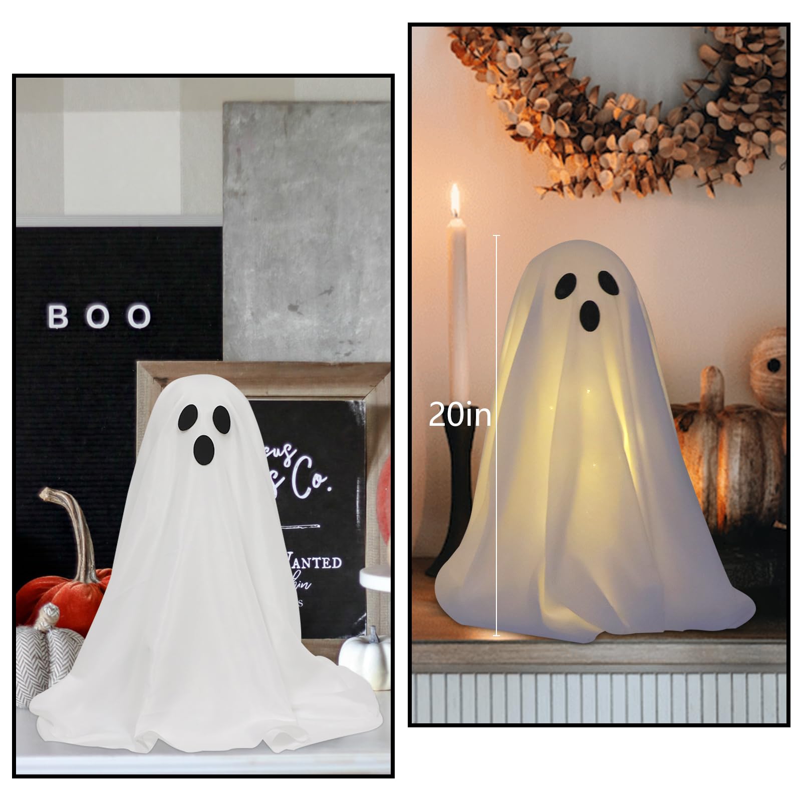Light-Up Standing Ghost Decorations – 20" White Glowing Halloween Figures with Fabric & LED String Lights (Set of 3)