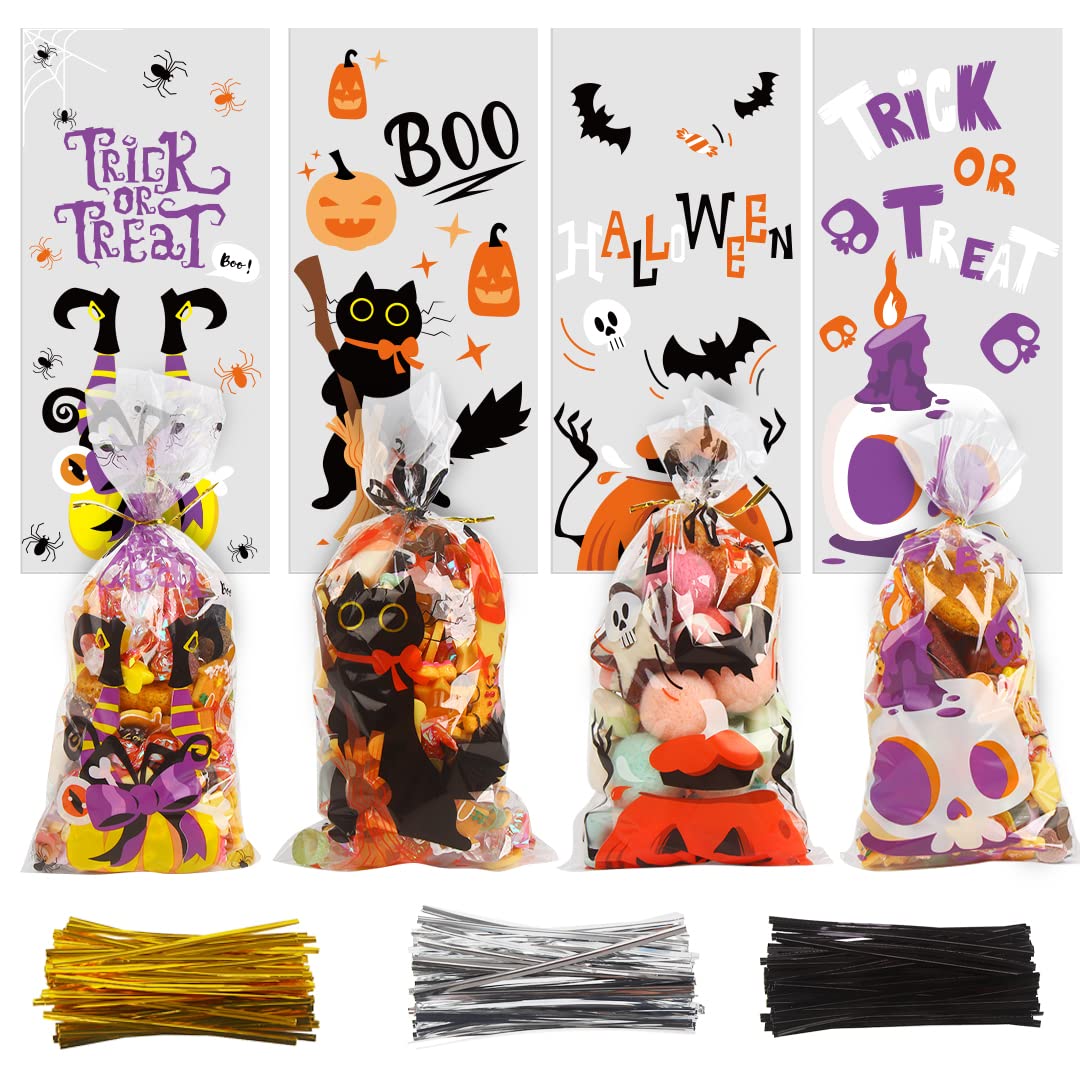Halloween Treat Bags Set – 200 Cellophane Candy Bags with 240 Twist Ties (4 Festive Designs)