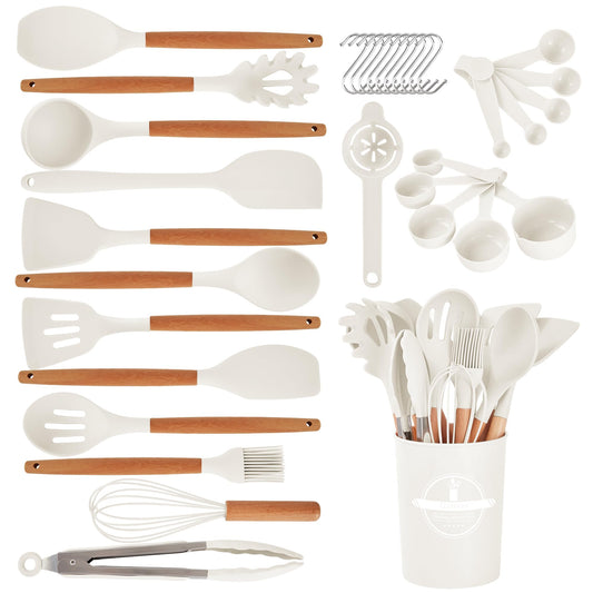 34-Piece Silicone Kitchen Utensil Set with Wooden Handles – Heat Resistant, Non-Stick Safe (Cream White)
