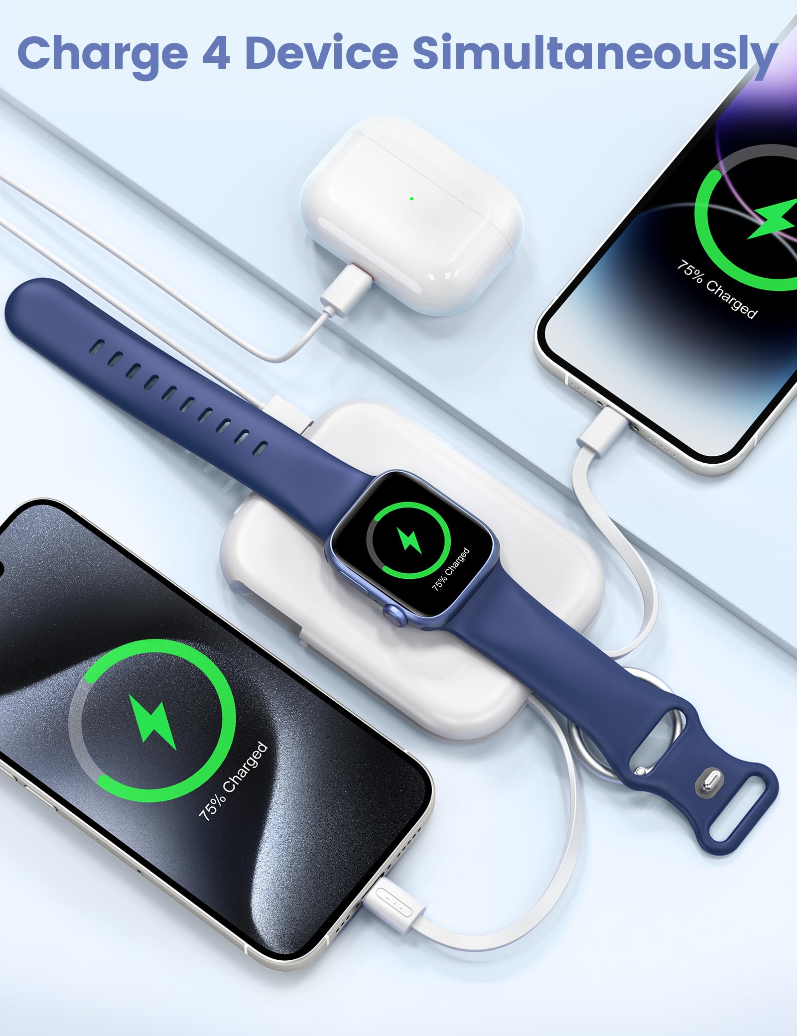 5000mAh Portable Charger for Apple Watch & iPhone – Keychain Travel Power Bank (White)