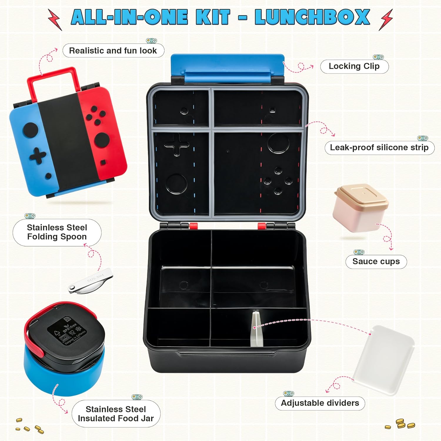 Blue-Red Game Bento Set with 9 oz Insulated Food Jar