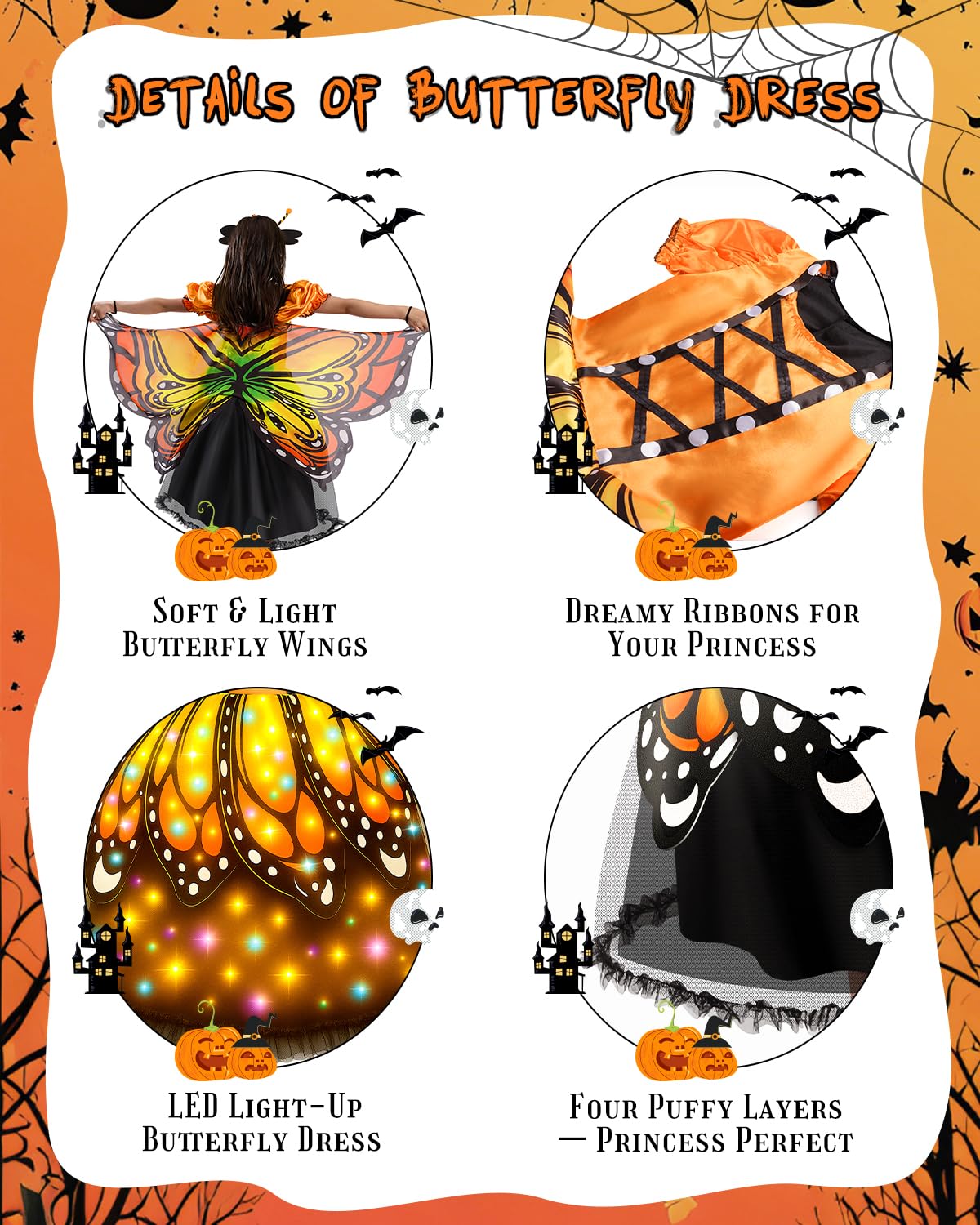 Kids Butterfly Fairy Costume with LED Wings – 6-Piece Set Includes Tutu Dress, Wand, Headband, Mask, and Candy Bag for Halloween & Parties (Ages 4–11)