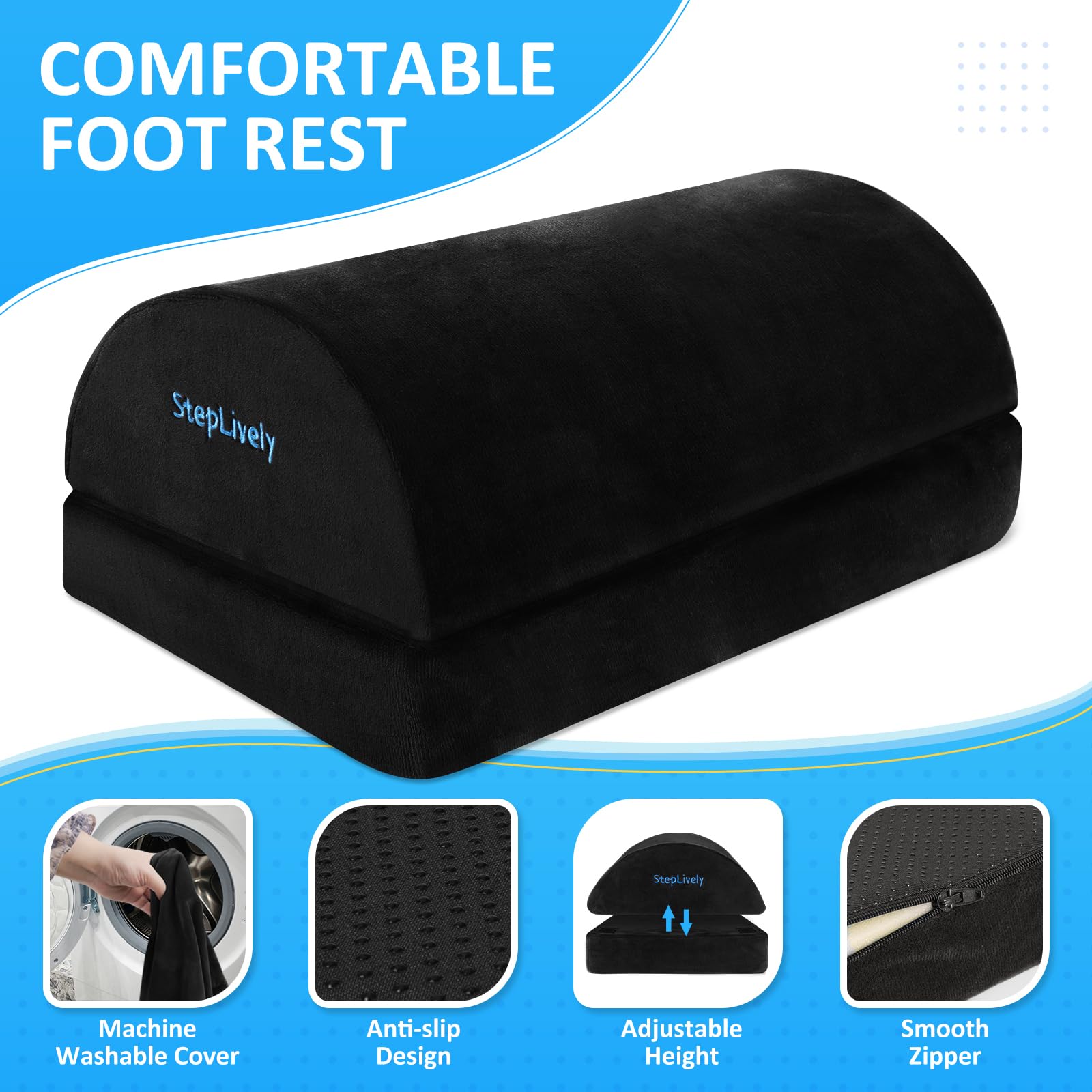 StepLively Ergonomic Under Desk Foot Rest with Adjustable Height Support Foam Cushion & Washable Cover for Office Comfort