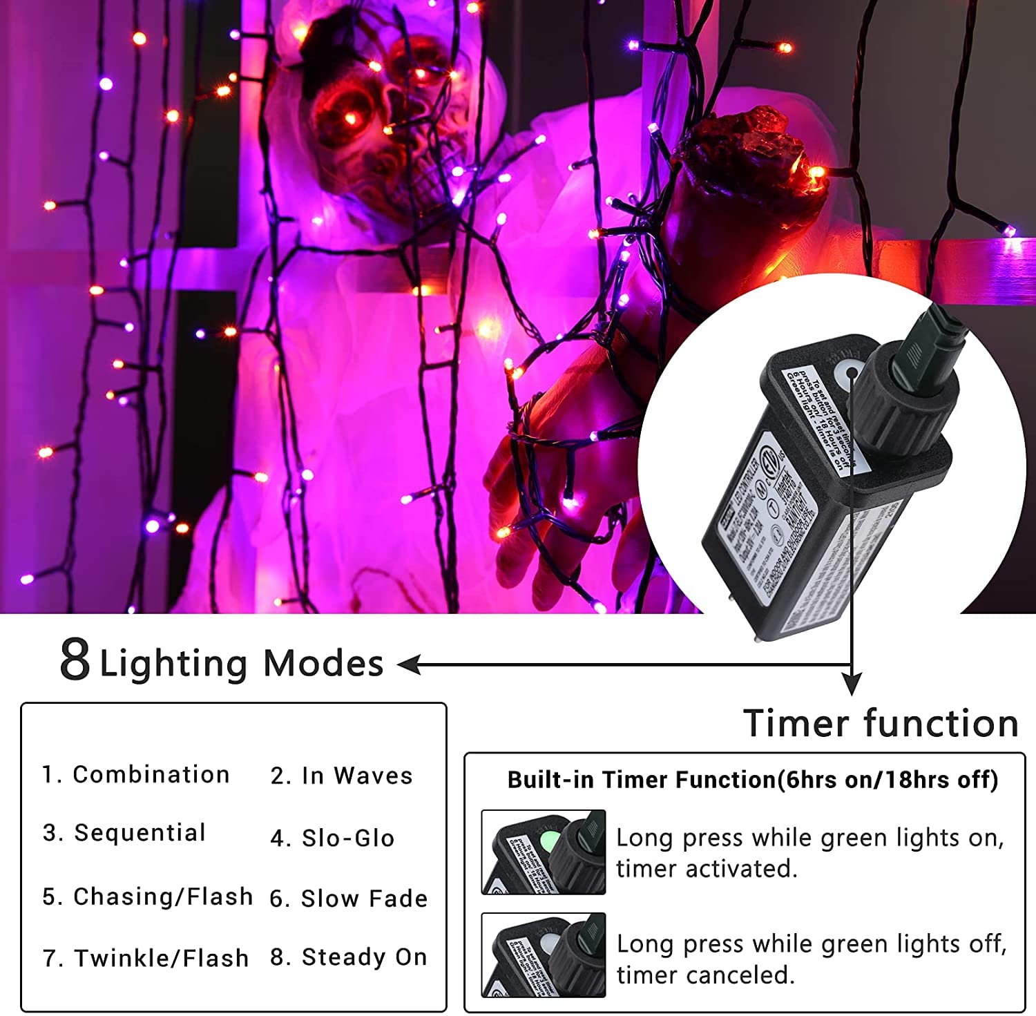 114Ft Orange & Purple Halloween String Lights – 300 LEDs, 8 Modes, Timer & Memory, Indoor/Outdoor Décor