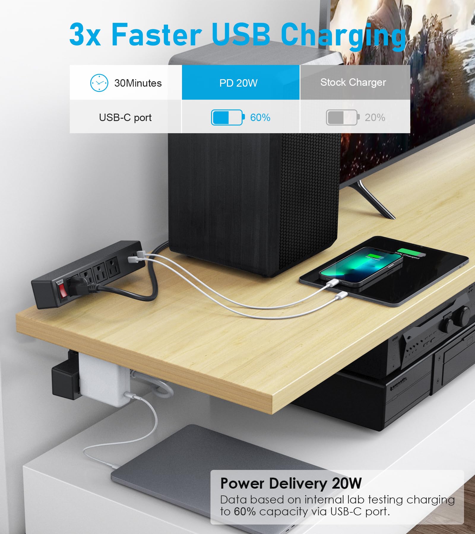 13-Outlet Desk Clamp Power Strip with USB-C Fast Charging & Surge Protection – Dual Layer Mount Charging Station Black