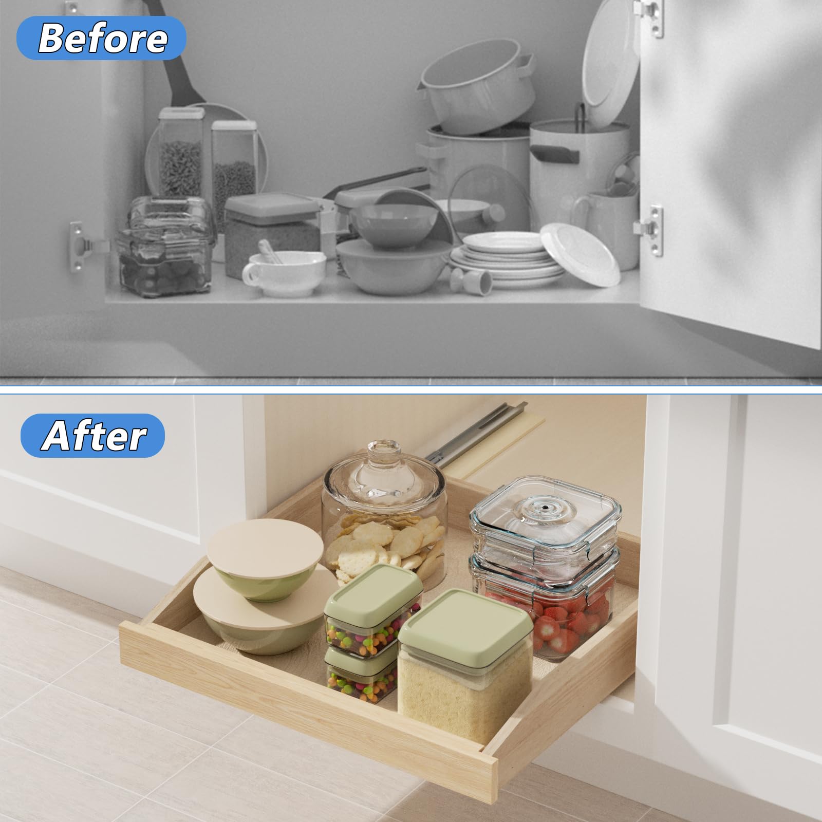 Lovmor Extra-Wide Single Pull-Out Cabinet Organizer with Soft-Close – Solid Wood Base Shelf Storage