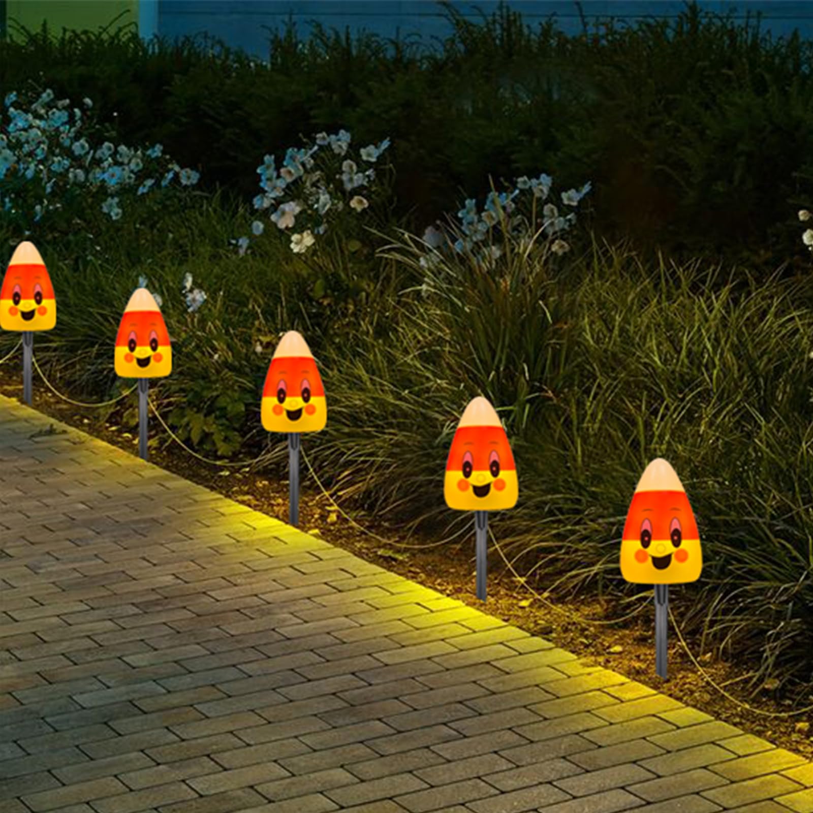 7FT Halloween Candy Corn Pathway Lights – Outdoor LED Walkway Marker Stakes (4 Corncob Lights, Waterproof, Connectable)