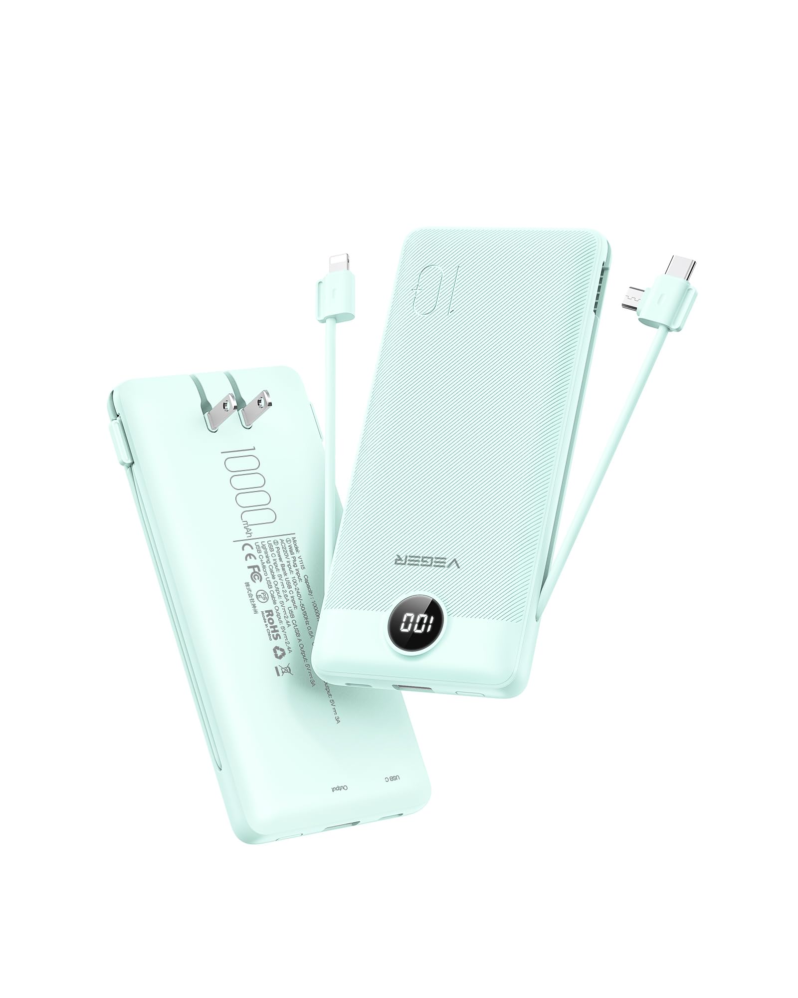 Slim 10000mAh Portable Charger with Built-In Cables & Wall Plug – Fast Multi-Device Power Bank