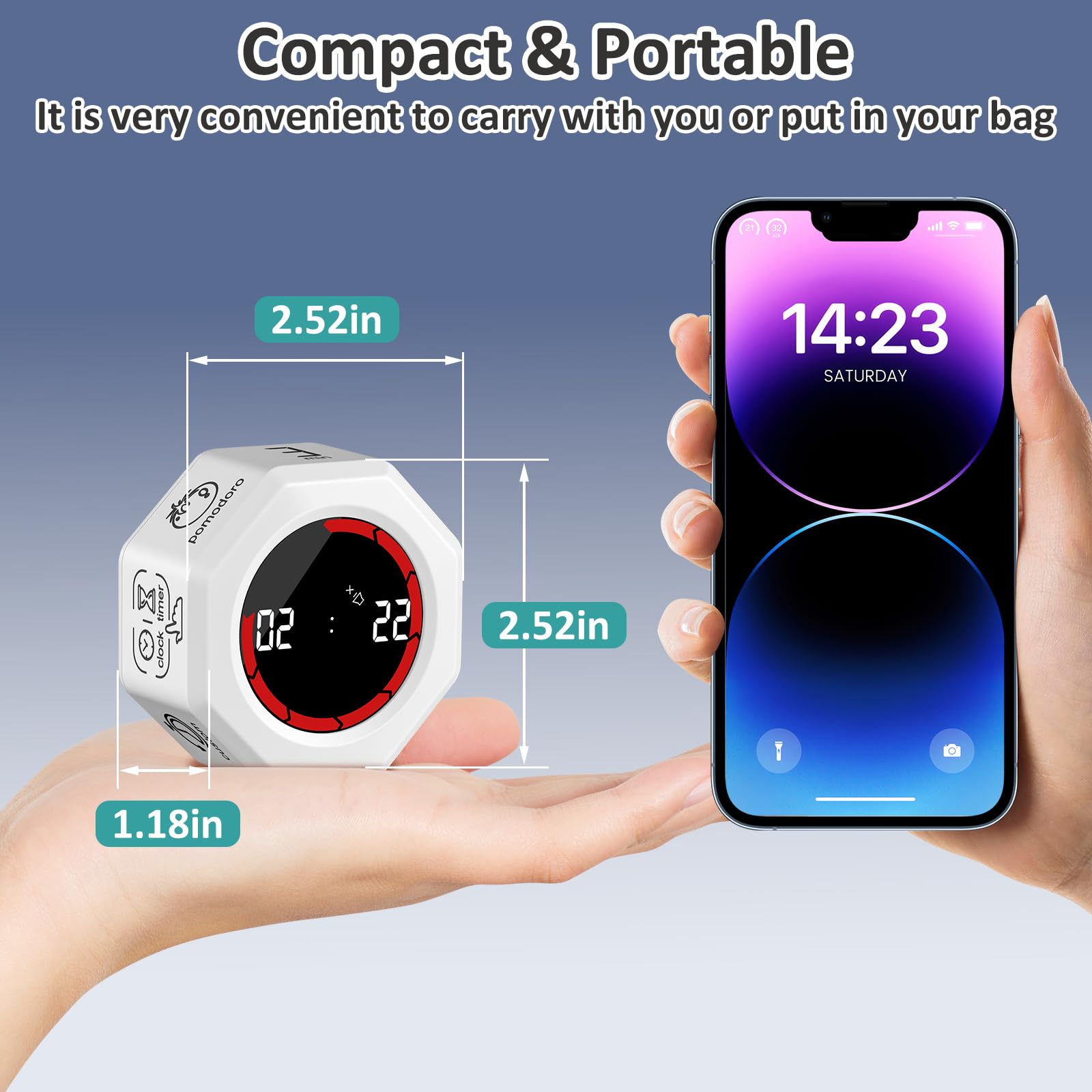 Rechargeable Pomodoro Timer with Magnetic Back, Flip Control & Auto-Rotating Screen, Preset 3/5/10/25/30/60 Min, Custom Countdown & Clock for Study, Office & Kitchen – White