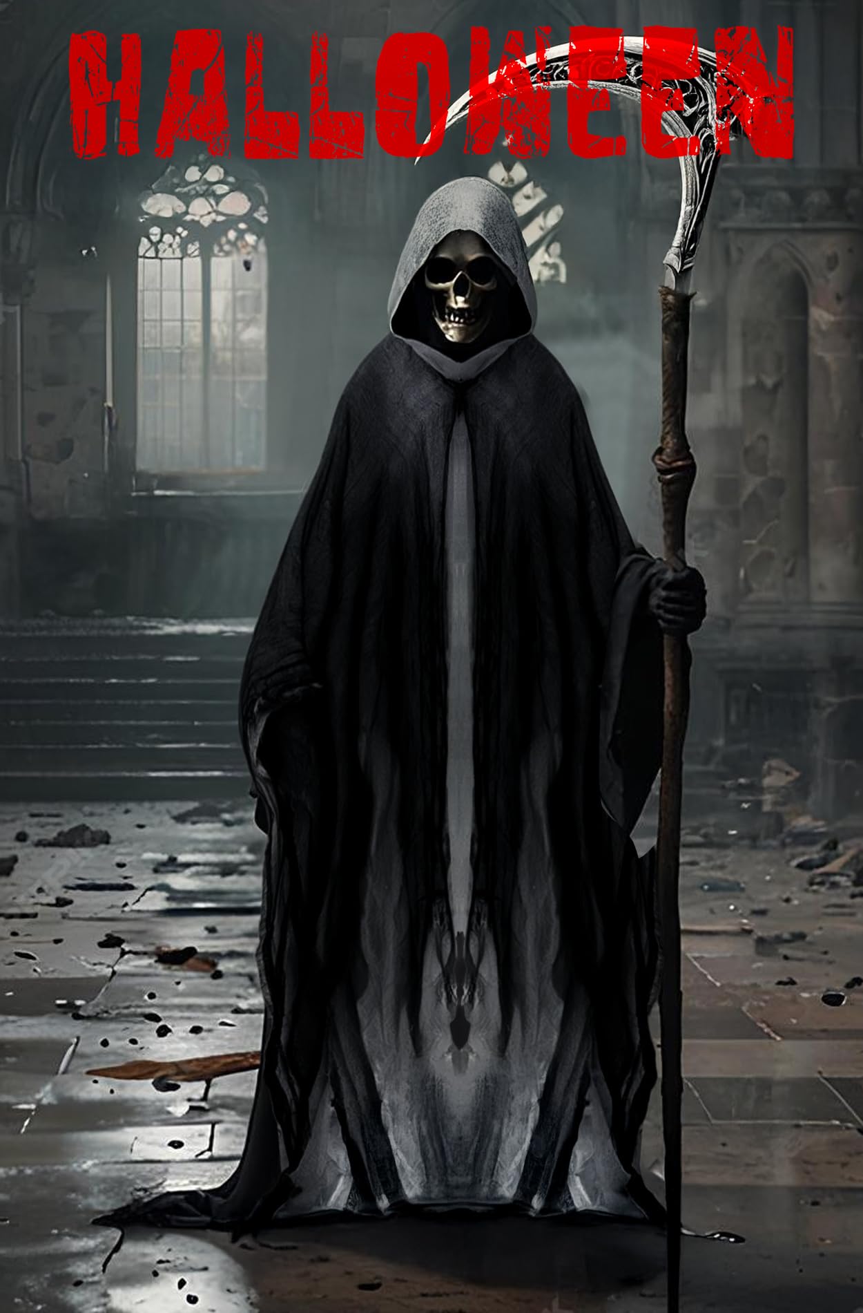 Grim Reaper Cloak – Gray Full-Length Hooded Robe for Adults, Halloween Horror Costume