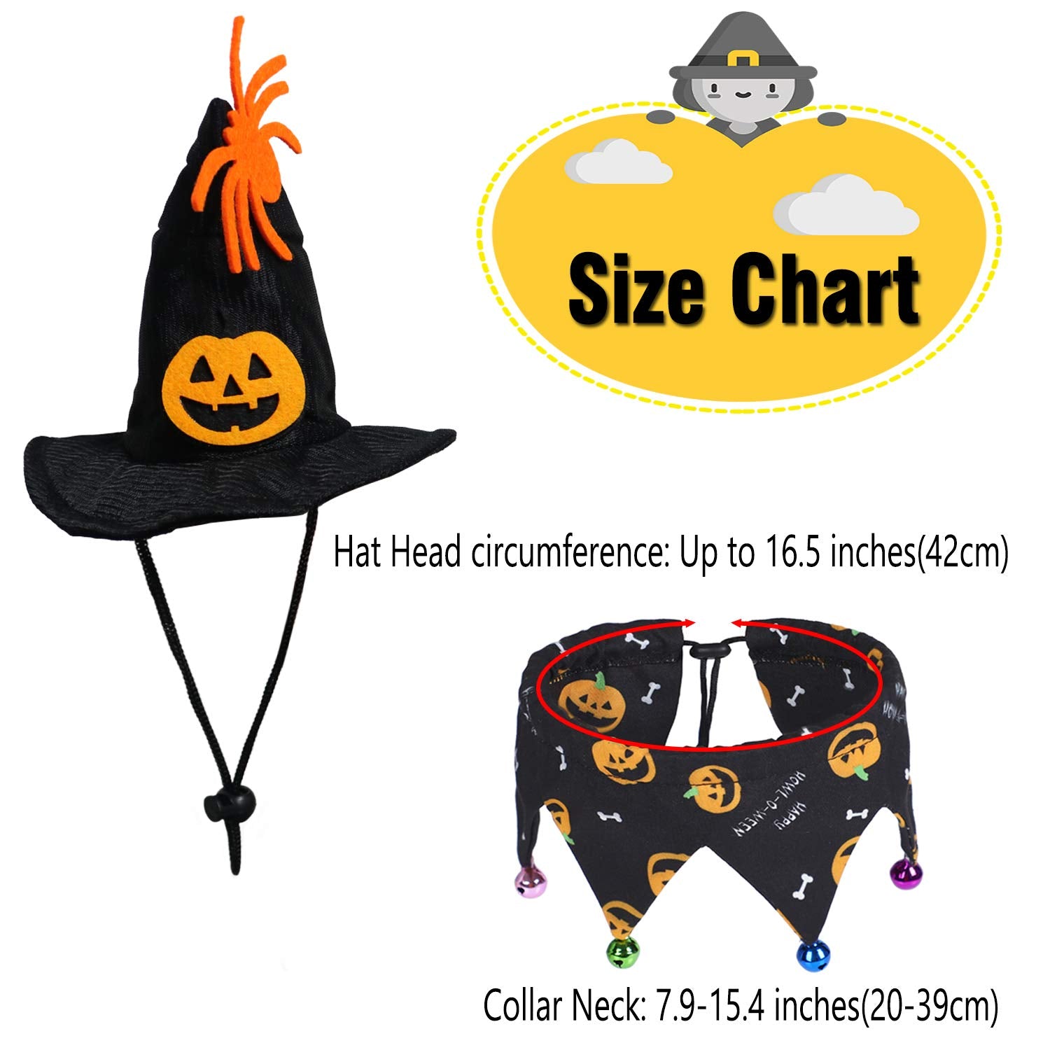 Halloween Hat & Collar Suit for Cats and Small Dogs – Pumpkin & Spider Pattern with Jingle Bells