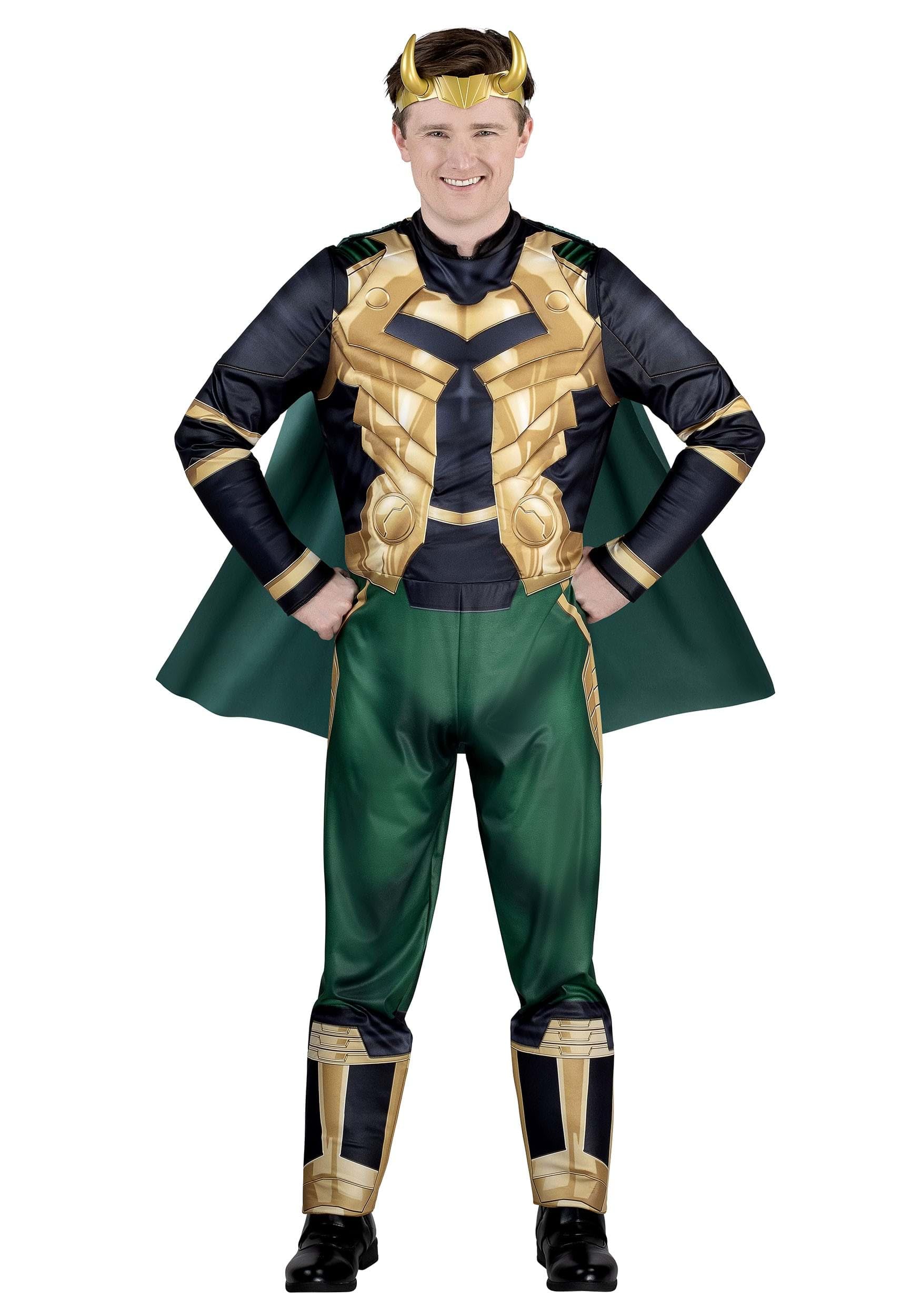 Marvel Loki Costume for Men – Deluxe Green & Gold Jumpsuit with Cape & Horned Headband for Halloween & Cosplay
