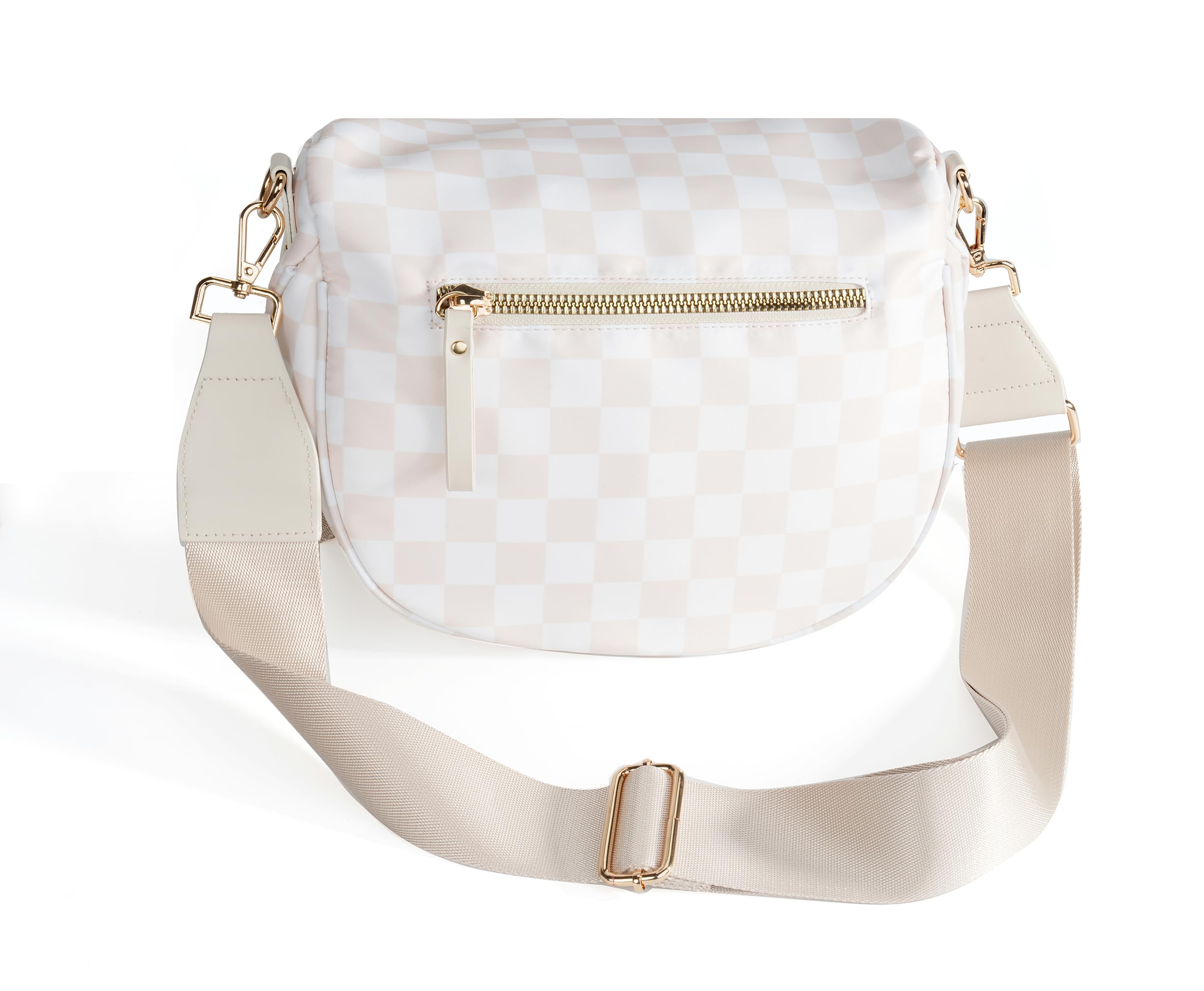 Spacious Checkered Nylon Crossbody Bag – Adjustable Strap Bum Bag for Women (Beige Checkered)