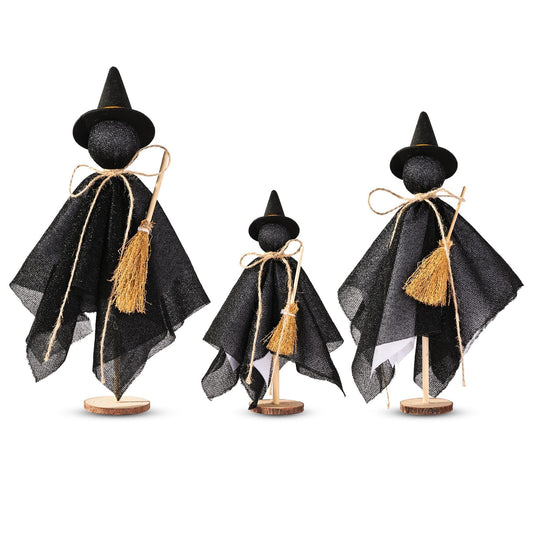 Black Witch Hat Table Decor – Set of 3 Rustic Halloween Witches for Desk, Shelf & Mantel Decorations