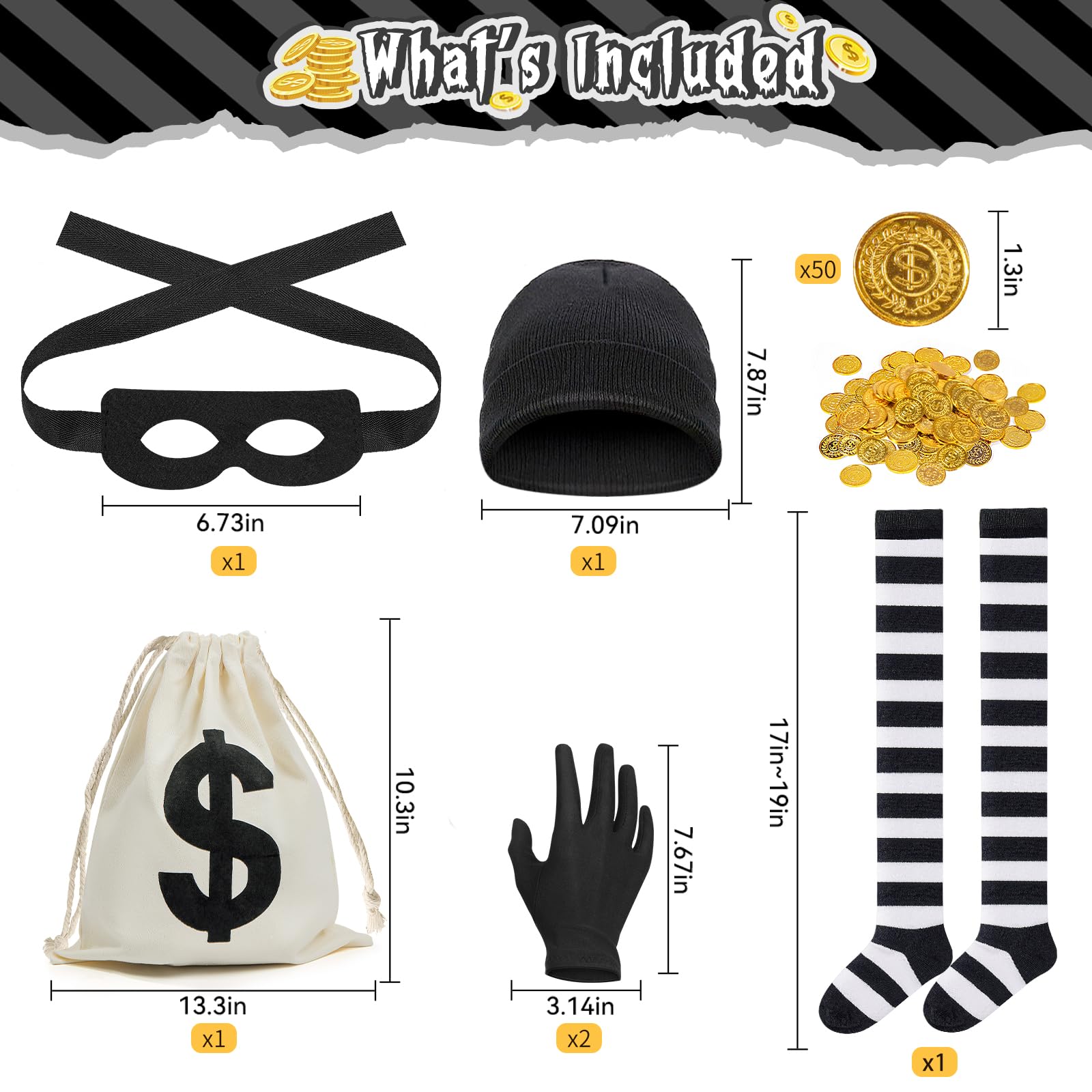 Women’s Classic Burglar Costume Set – Black & White Striped Halloween Outfit with Mask, Hat, Gloves & Coin Bag
