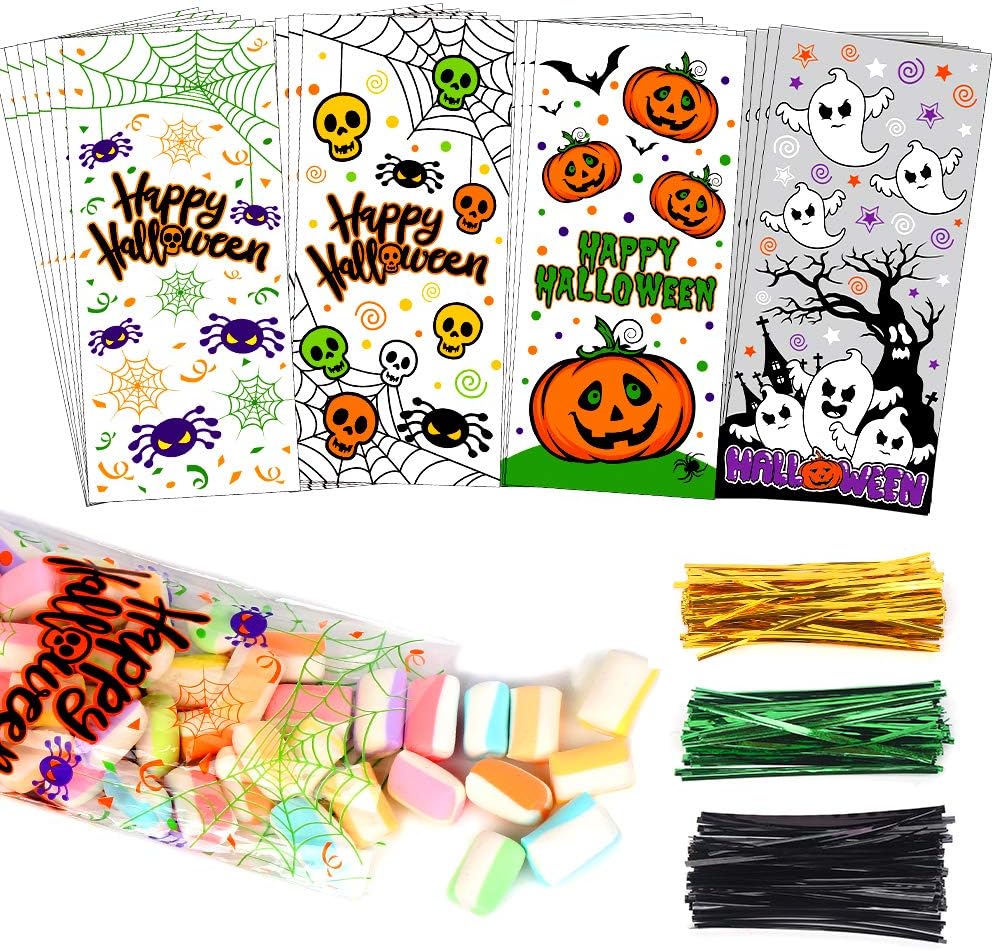 200-Pack Halloween Cellophane Treat Bags with 400 Twist Ties – Pumpkin, Ghost & Spider Designs (5x11 in)