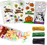 200-Pack Halloween Cellophane Treat Bags with 400 Twist Ties – Pumpkin, Ghost & Spider Designs (5x11 in)