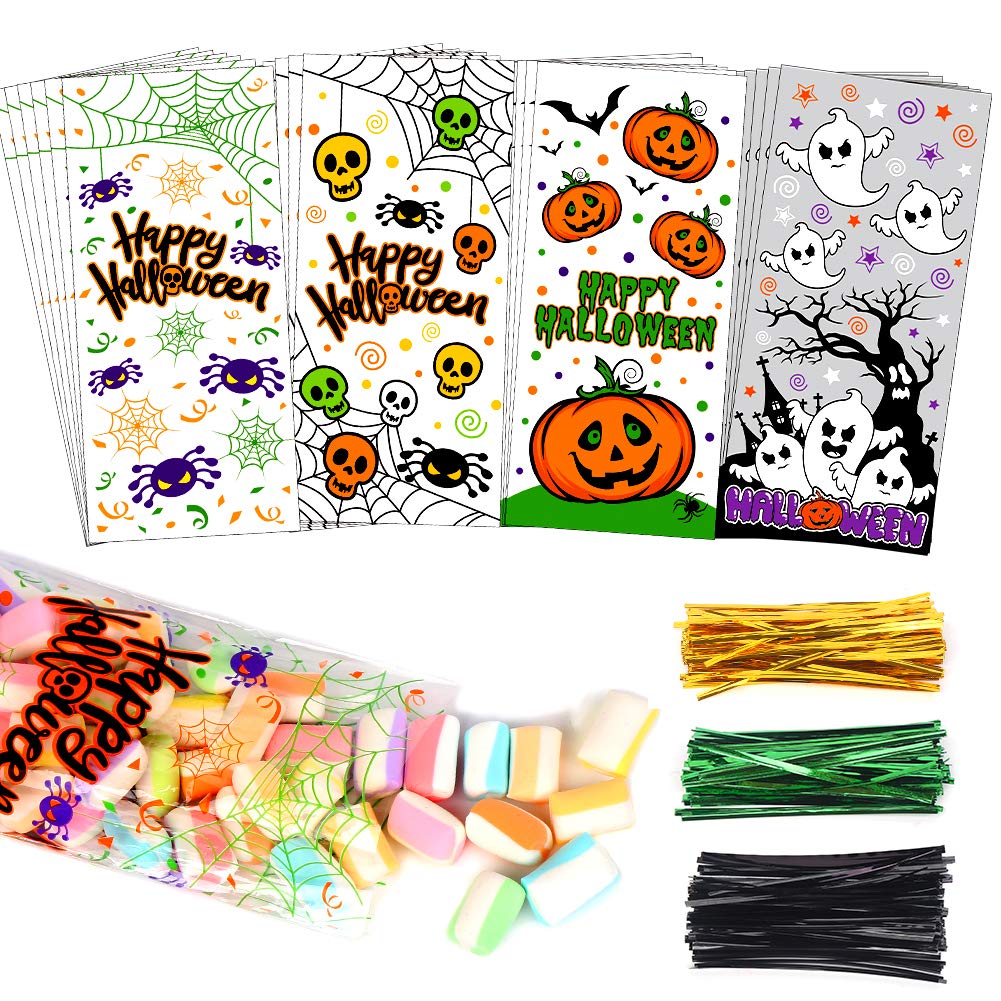 200-Pack Halloween Cellophane Treat Bags with 400 Twist Ties – Pumpkin, Ghost & Spider Designs (5x11 in)