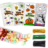 200-Pack Halloween Cellophane Treat Bags with 400 Twist Ties – Pumpkin, Ghost & Spider Designs (5x11 in)
