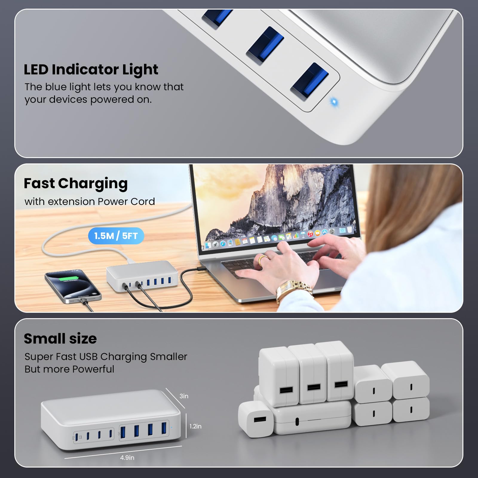 65W 8-Port USB Charging Station – GaN III Fast Charger with 4 USB-C & 4 USB-A Ports