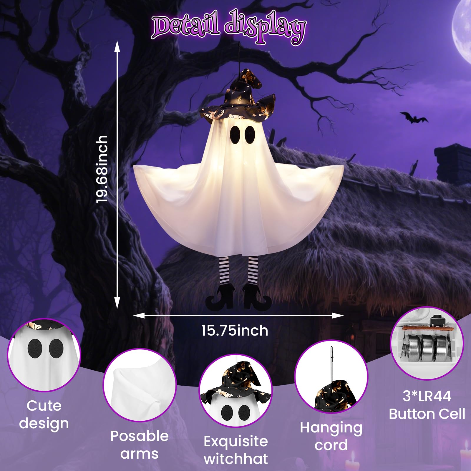 Halloween Hanging Ghost Decorations – 4 Pack Cute Witch Hat Ghost Lights with 3 Flash Modes & Bendable Arms for Indoor & Outdoor Décor