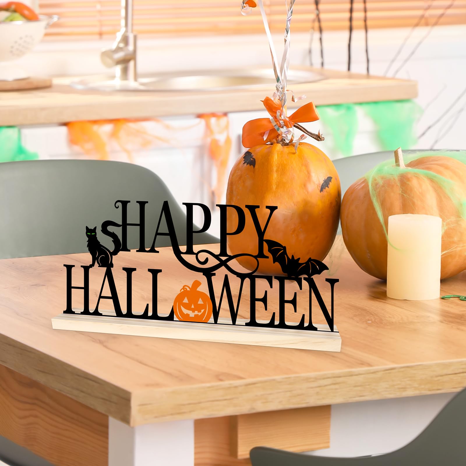 Metal Happy Halloween Table Sign – Black & Orange Desktop Decoration with Wooden Base (Multi-Color)