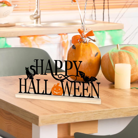 Metal Happy Halloween Table Sign – Black & Orange Desktop Decoration with Wooden Base (Multi-Color)