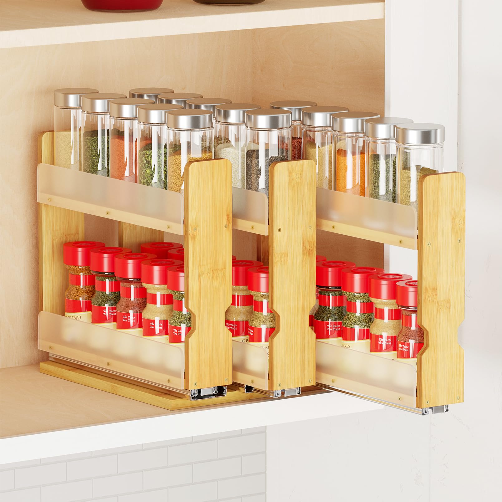 Bamboo Pull-Out Spice Rack Organizer – 2-Tier Vertical Cabinet Storage with 3 Slide-Out Drawers, Natural