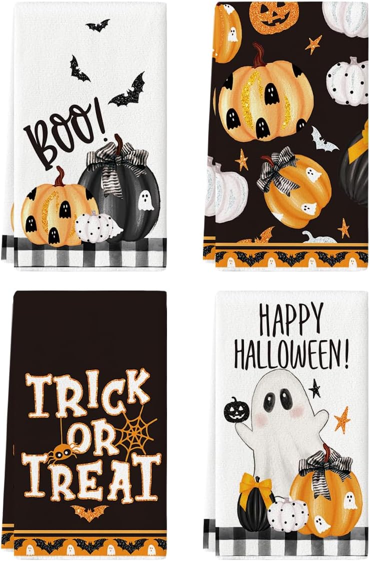 Artoid Mode Halloween Dish Towels – Set of 4 Black Kitchen Tea Towels (18x26") – Soft, Absorbent & Stylish Seasonal Décor