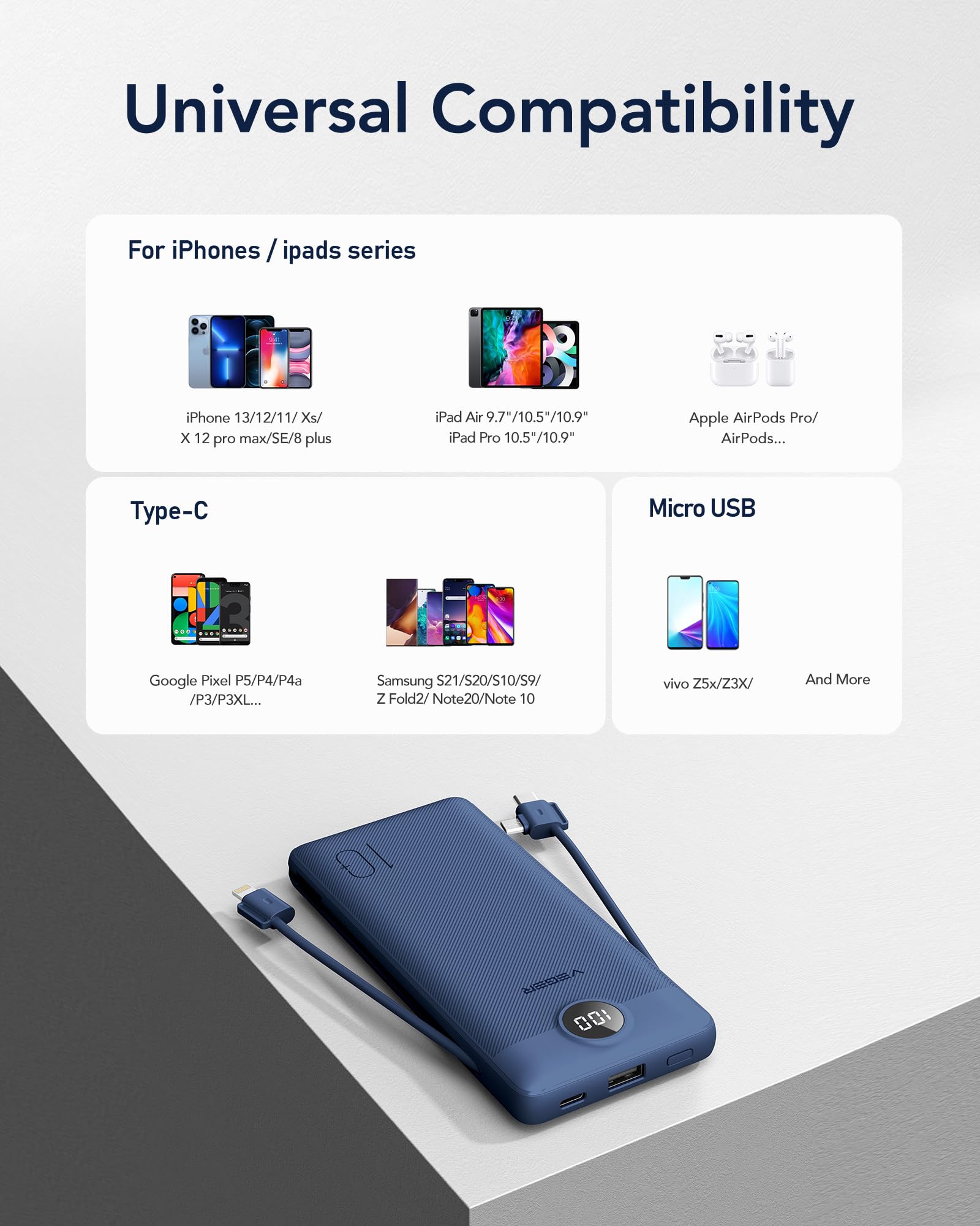 10000mAh Portable Power Bank with Built-In Cables & AC Plug – Fast Charging Multi-Device Battery Pack