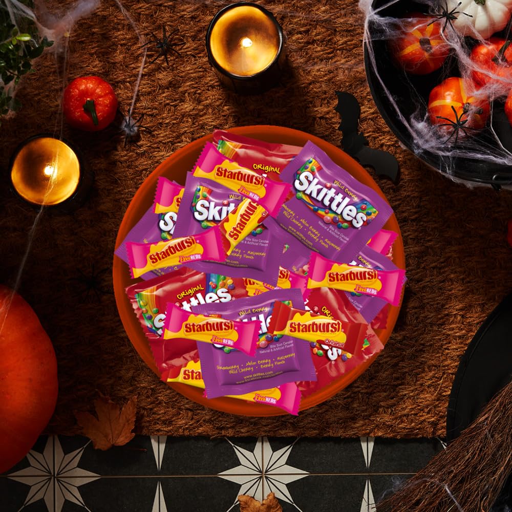 SKITTLES & STARBURST Halloween Variety Bag – 105PCS Fruity Fun Size Mix for Trick-or-Treat & Party Favors 🍓🍋🎃