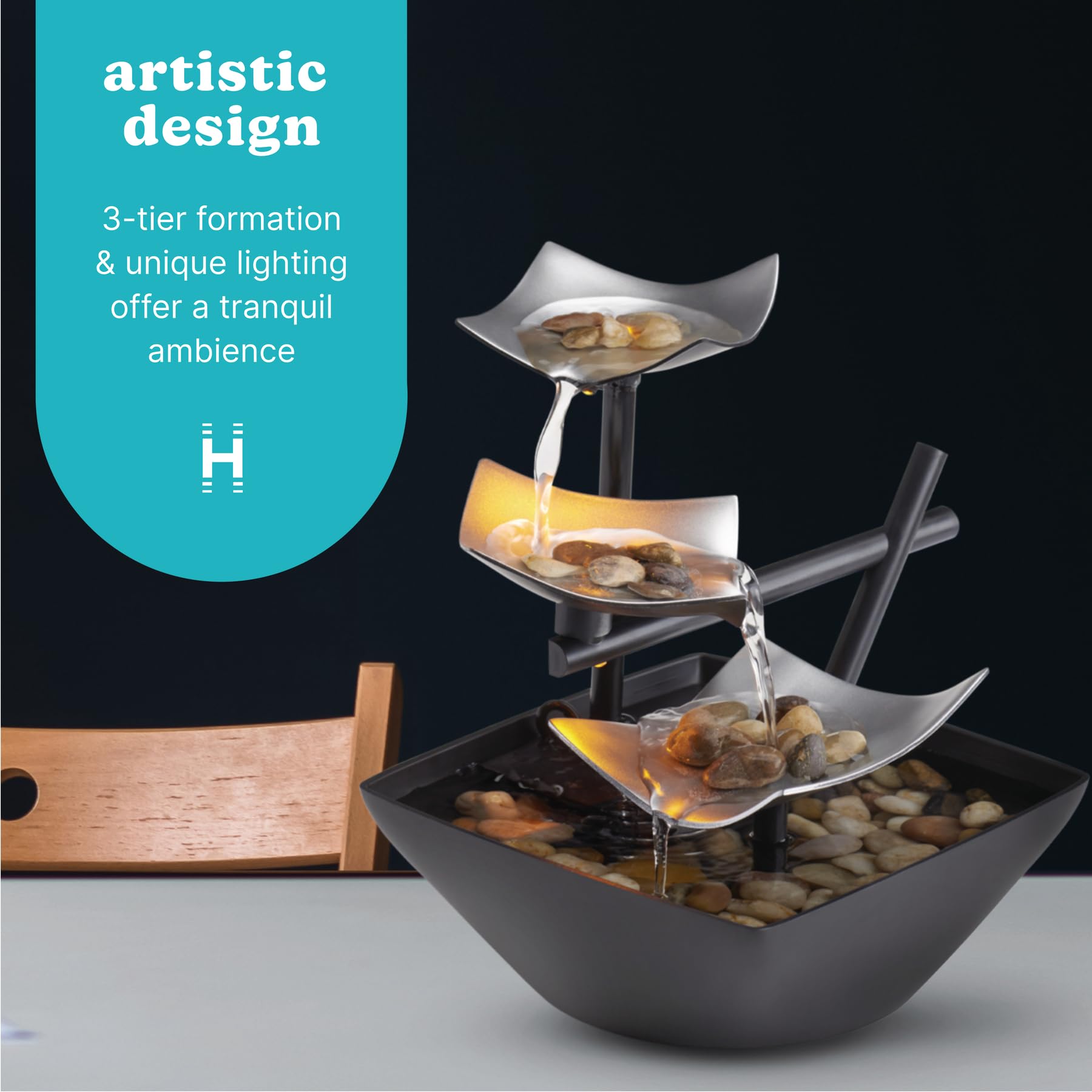 Homedics Tabletop Water Fountain Zen Relaxation Indoor Decor with Soothing Sound LED Light Black